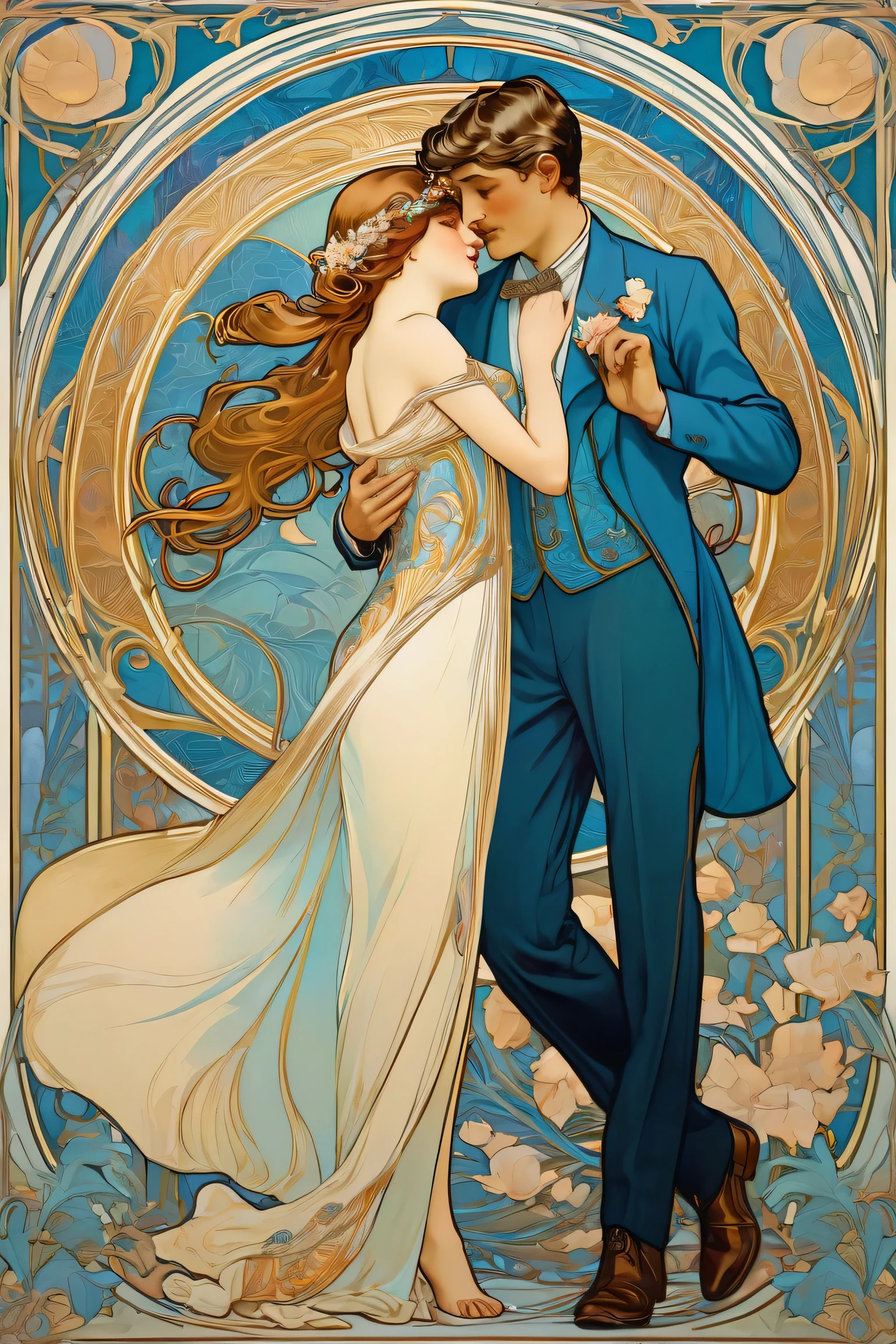 man & woman, in the Art Nouveau era, As a model, Full body, light dress, androgyn, small breast, Alfons Mucha artist, Art Nouveau background, best art nouveau, love, pair of lovers, best detail, illustration, 4k, blue and gold colors,