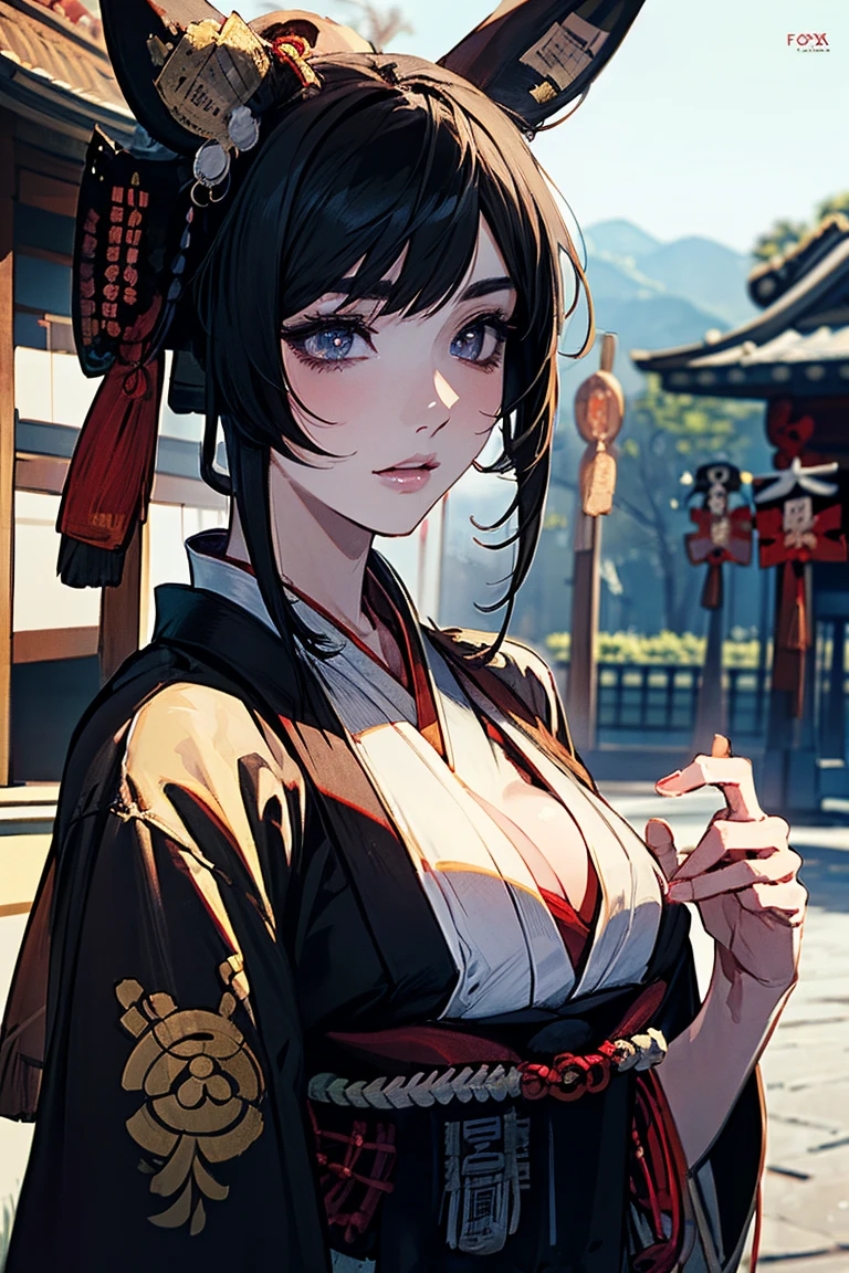 ((8K,​masterpiece、top-quality))、((traditional japanese ink painting:1.4)),((Kimono:1.3)),Dress conservatively ,cleavage of the breast、独奏、A dark-haired、((Cat's ears)),Nero、looking at viewert