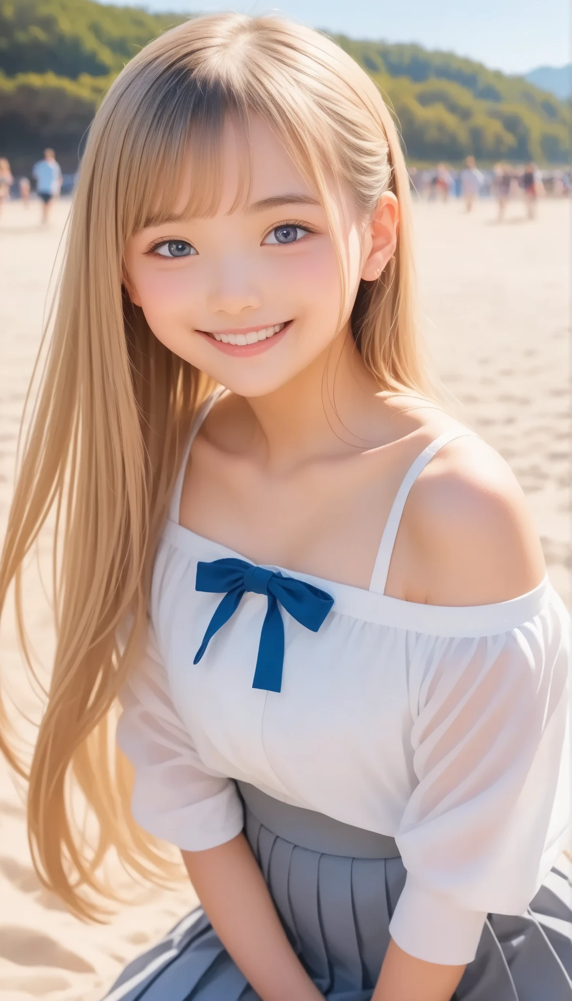 score_9,score_8_ up,score_7_ up, ultra detail hidden in the sand, absolute resolution, 32K,masterpiece, Highest Quality , Super High Definition, (masterpiece, Highest Quality:1.2), 8k, young and beautiful girl, 85mm, OFFICIAL AR RAW PHOTO , babyface、photo shoot, cute face , while staring at the audience, smile , film grain, Color Difference, High Concentration , Face Light, detailed face、light grey pleated miniskirt、 blonde semi-long hair、slender body、 Off-the-shoulder long-sleeve knit、background is Disneyland、Japanese minors
