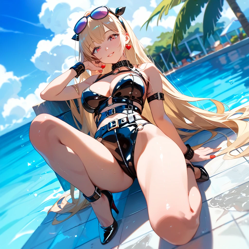 masutepiece, Detailed, Best Quality, Beautiful Girl, very small lace translucent bikini, Shackles, stock, Troubled face, big pool (prison), blonde sexy girl 1girl in, asuna from blue archive character, blonde female, Blunt bangs, Big breasts, Amused expression, Looking at Viewer, big butt, mature body, very big , small thong, erotic pose, big butt, full body picture, cameltoe, lace lingerie, blue eyes