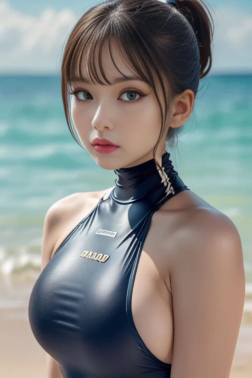 (MASTERPIECE:1.2),(CGI ART:1.3),(REALISTIC:1.5),(POST PROCESSING:1.3),(SHARP FOCUS:1.3),8K,1 girl, (((UPPER BODY))), ((Black Swimsuit) ), (Glossy Skin)))),Beach, (High Shadow Detail) , (Illustration: 1.2), ( ulzzang-6500:1.0)