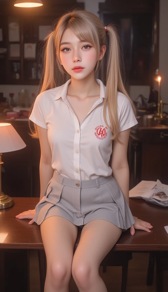 Smile、photorealisim、top-quality、超A high resolution、a picture、Photos of very beautiful Nordic-born girls、Extraordinarily beautiful girl、Detailed cute and beautiful happy face、(pureerosface_v1:0.008)、Beautiful bangs、alice in the wonderland、12year old、Glowing white shiny skin、Bangs that extend to the face、Bangs between the eyes、Super long hair、Attractive bright natural platinum blonde ponytail silky hair、finer hair、High-definition eyes、Beautiful, Bright and clear、Big light blue eyes shine charmingly、Uniform Uniform、plaid pleated skirt、eye liner、Double eyelids、Lush medium semi-nude bust、clevage、Perfect beautiful young body、Perfectly proportioned body、Bedrooms、sit on a bed、sit in