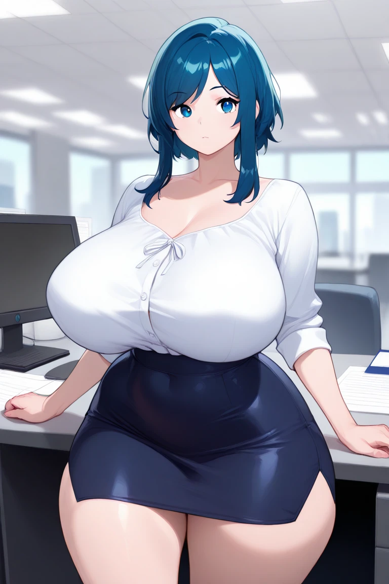 ((masterpiece)), (((best quality))), ((ultra-detailed)), (((illustration))), detailed face, ultra cute face, detailed body, ((1girl)), ((solo)), Fluffy hair, medium hair, ponytail, blue hair, smug look, (FABL), motion_lines, ^^^, trembling, Table, upper_body, gigantic breasts, cleavage, long hair, hair between eye, bra, chubby, hands on breasts