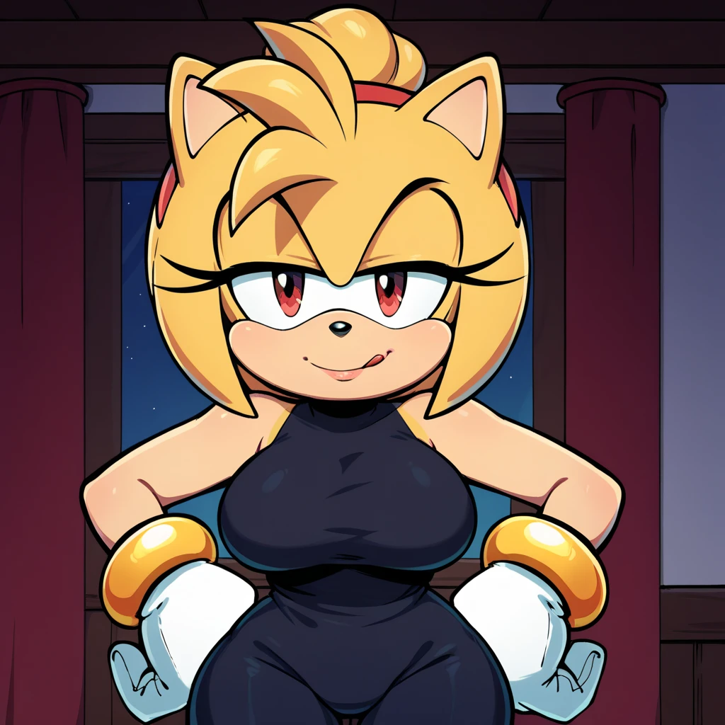 full body, Smiley face Mobian furry, seductive, bare shoulder, little black dress, thicc body, wearing black bikini, beautiful legs, sundown, park background smile, born with a Yellow Smiley face for a head, hand on hip, leg up, showing her toe in the viewer, thick thighs, 2D illustration