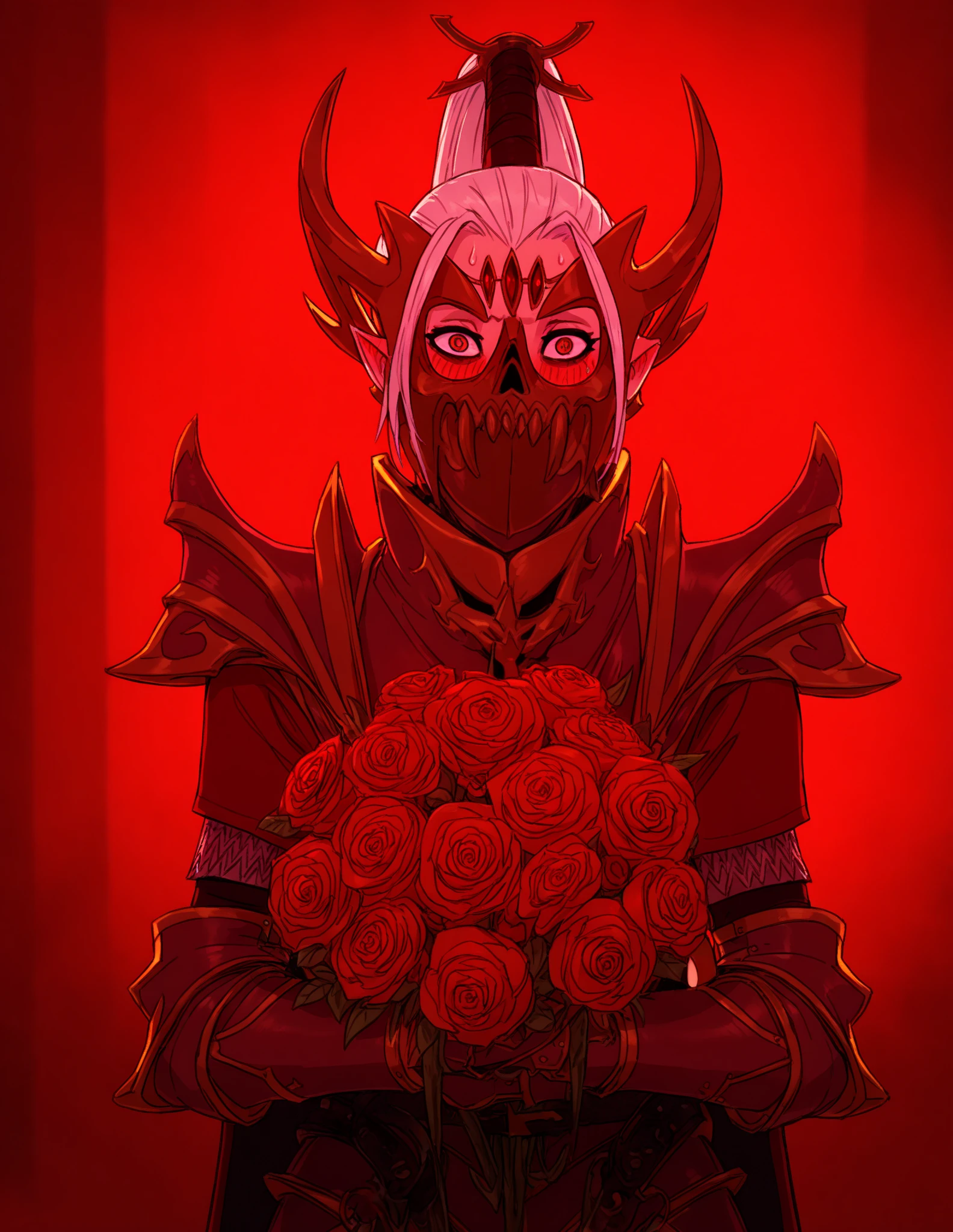 masterpiece, good quality, best quality, 2D,
horror lord, armor, a mask, sharp ears, One,
holding a bouquet, rose,  red, embarrassed, shy, 
lines of motion, looking at the viewer, first-person looking , upper body, Lowers eye,
