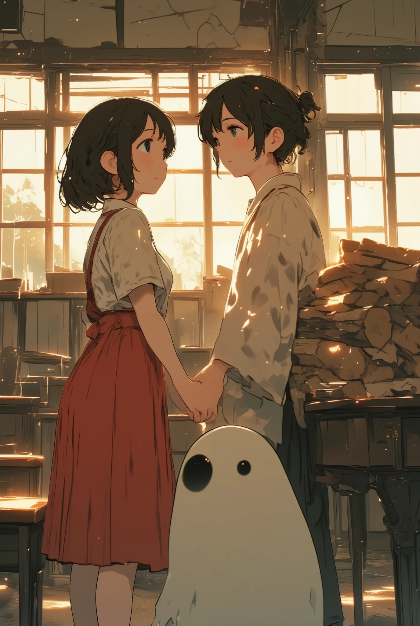medium shot in an abandoned music classroom, Hanako-san the ghost girl wearing a white button-up shirt and red suspender skirt, bob haircut with straight bangs,
leaning forward with sparkling eyes, curiously reaching toward the firewood bundle on Kinjiro Ninomiya's back, expression full of fascination and excitement
Kinjiro Ninomiya in traditional Japanese kimono, topknot hairstyle, slightly flustered, turning his head back with a surprised blush, still carrying the firewood on his back
dusty classroom atmosphere, cracked windows, faded piano in the corner, soft beams of sunlight casting gentle shadows, nostalgic anime style
anime screencap, whimsical and heartwarming, best quality, masterpiece, trending on pixiv