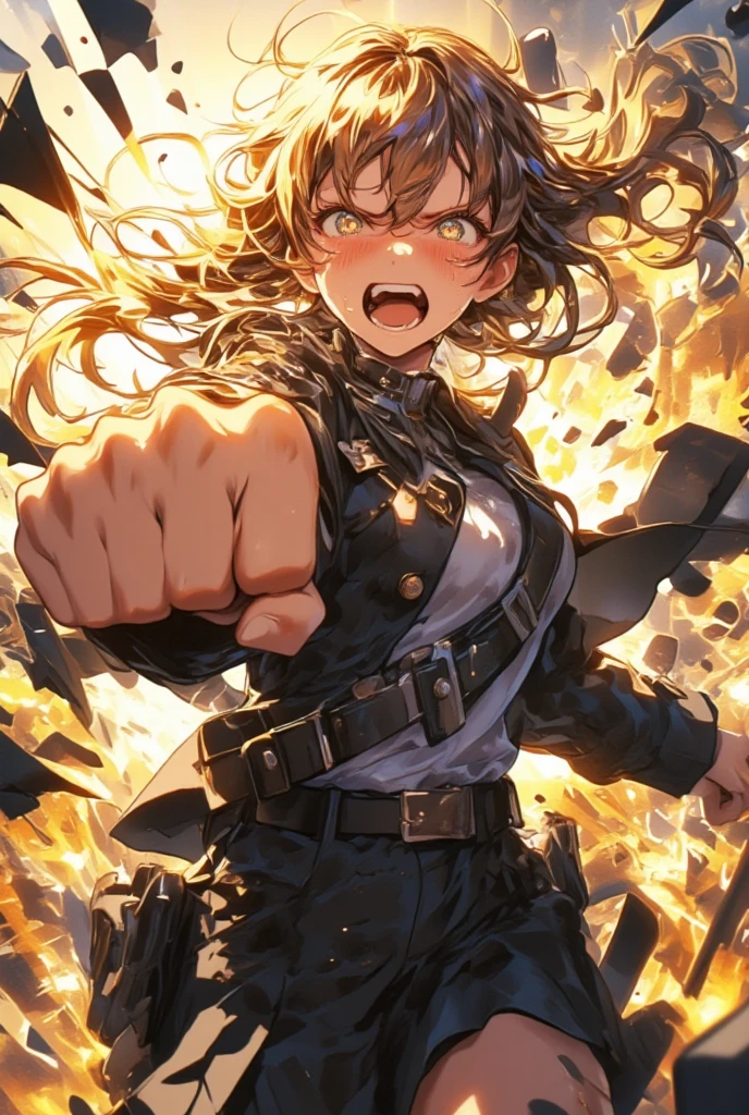 (masterpiece, best quality,ultra highres),Movie staff filming an explosion scene for a movie,tremendous blast,surprised face,(16yo,(darkblue wavy-short hair),thick eyebrows,middle small breasts),(wearing director outfit),