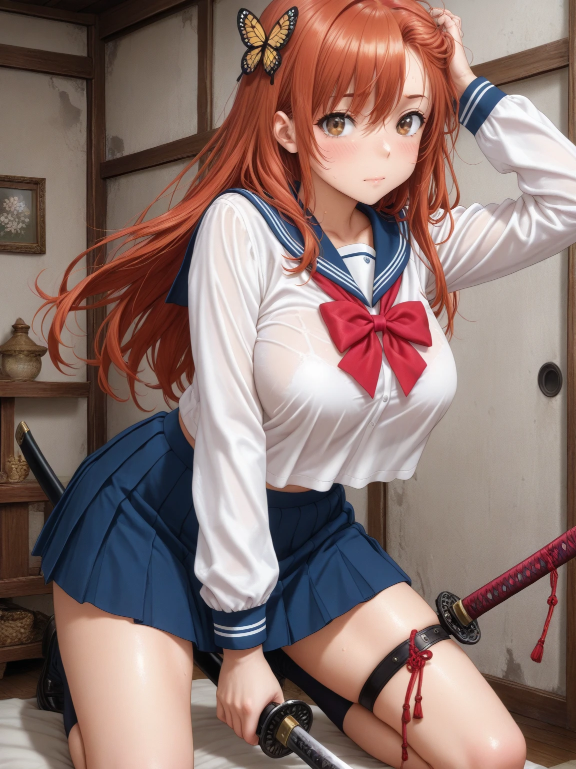 (from below,looking at viewer),(1woman,curvy,petite,full body,beautiful breasts,medium breasts,pale skin,pointy breasts,),(have a sword,leather boots,asymmetrical armor,(long embroidered white sailor dress,see through,lift up the hem of the dress)),((realistic:2,high resolution,best quality,masterpiece)),((extra long hair:1.5),blunt bangs,(extra light coppery red hair),Straight hair,hair over one eye),(beach,sunlight),(nsfw,(sit with one knee up),spread legs,erect nipples,lick your fingers)