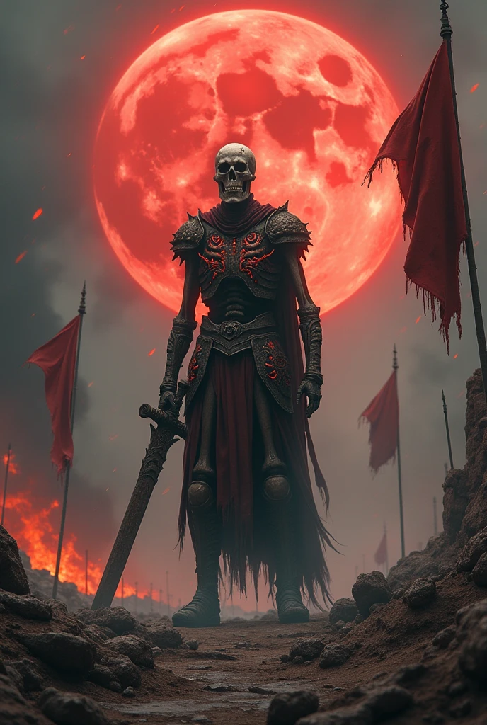 8K high-resolution images, Realist, Eyes on the forehead、Wearing a red cape、Great Wizard、He has a skull necklace around his neck.、Red sky and black clouds, whole body、Inside the Demon King's Castle