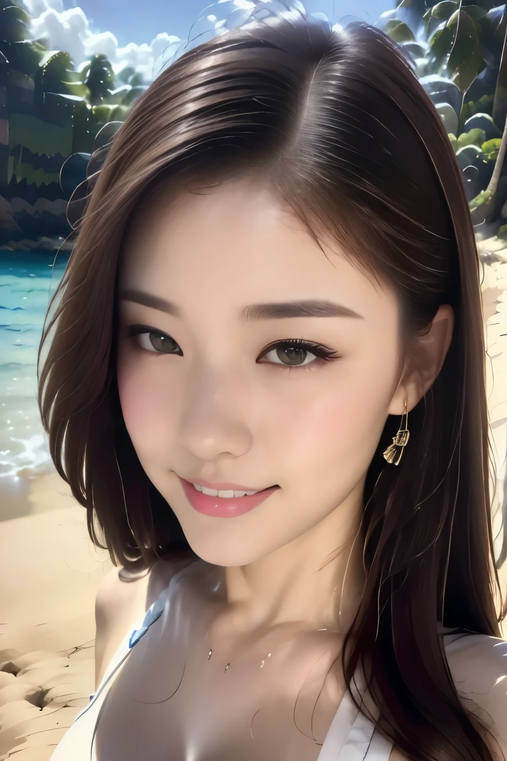(22 year old female), (big breasts:1.3),  ((grab the viewer&#39;s hand)), Sandy beaches in Hawaii、Island in the background、Blue Silk Micro Bikini、Lying at the water's edge、On a towel、(master piece: 1.3), (maximum resolution: 1.4), (ultra high vision: 1.2), cinematic light, ultra high vision, (fine eyes and skin), (detailed facial features),look at the camera、very beautiful face、 nffsw, 8K resolution, perfect style, beautiful expression、Highly detailed face and skin texture、detailed eye、double eyelid、eye shadow:1.2、glitter eyeliner:1.2、thin cheeks、shiny skin、(pure white skin:1.4)、small shiny necklace and earrings,glossy lips:1.2、((full body shot:1.2))、((from a very intimate distance:1.2))、(straight hairstyle、light brown hair)、medium long hair、(very affectionate smile:1.3)