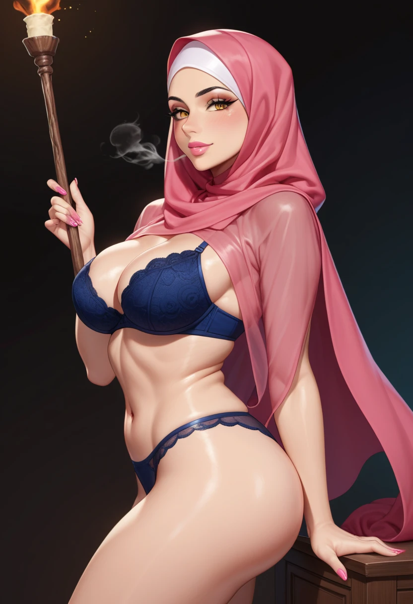 An Arabic Muslim woman, standing in the middle of a photography studio, wearing, silk hijab, red bikini, red gstring, pvc pink mini jacket with open cleavage, mini skirt, black fishnet stocking, pink 7inch boot heel, smiling with confident, slutty makeup, polished nails, nose piercing, tattoo under belly button, sexy ass, nig rounded breasts,