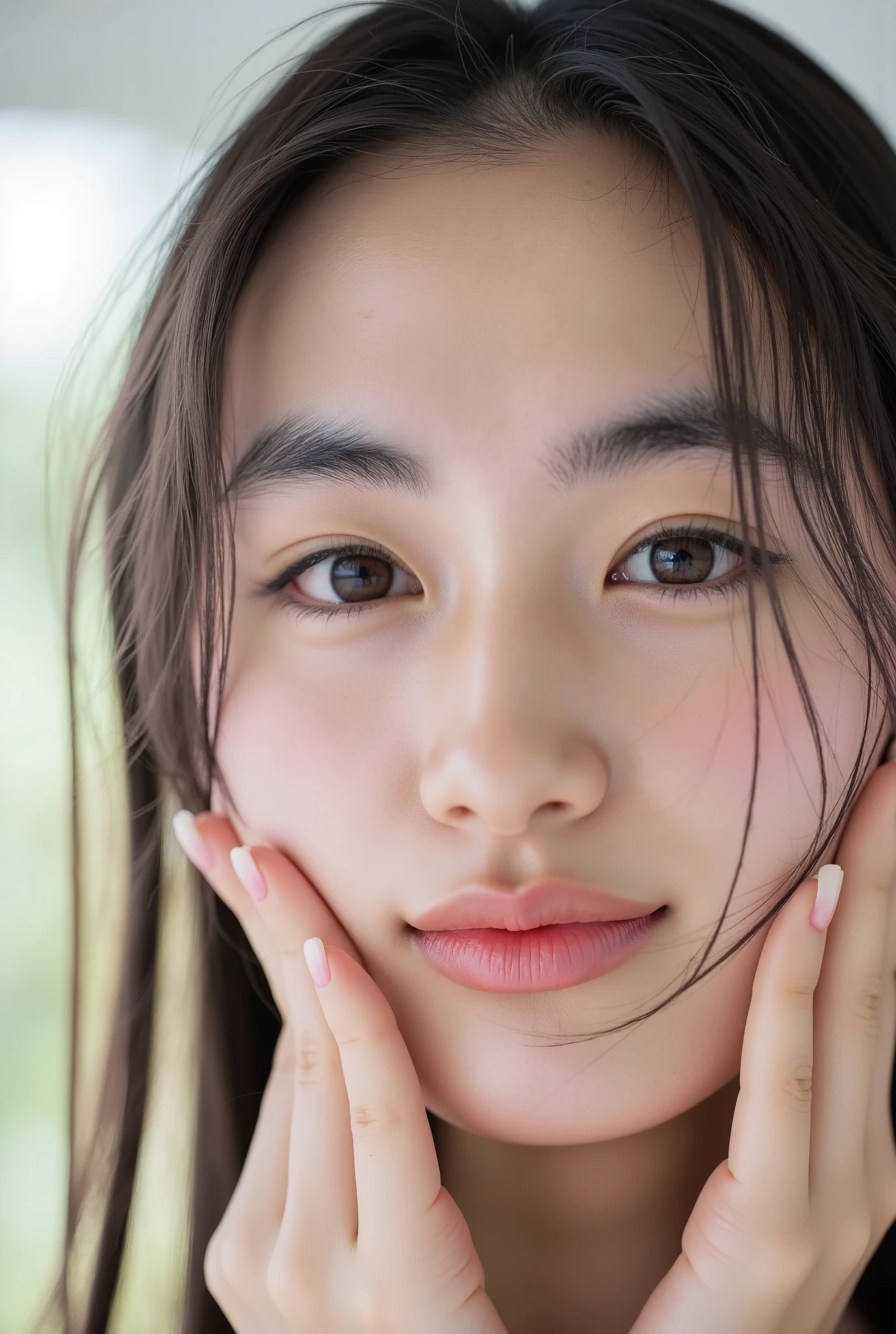 extreme close-up portrait of a beautiful 20-year-old Japanese woman, ultra photo-realistic, highly detailed skin with visible pores and soft peach fuzz, delicate light makeup, cheeks deeply flushed with shy happiness, slightly reddened nose, glossy plump slightly parted lips, faint sweet smile with visible teeth, moist teary eyes filled with warmth and affection, large glistening multicolored irises with crystal-like inner reflections, glowing heart-shaped catchlights, eyes half-lidded and drooping gently (toron expression), dreamy direct gaze at viewer, head tilted shyly to one side (adorable head tilt), both hands softly curled, gently pressed to her cheeks in a sweet squish, black camisole, white minimal background, soft cinematic lighting and bokeh, overwhelmingly affectionate and melted expression, face radiating joyful vulnerability and helpless love, bashful but overflowing with happiness, soft trembling lips from excitement, deeply in-love smile, visually trembling with joy, facial expression that says “I love you too much”, not anime, not cartoon, hyper realistic high-res portrait
