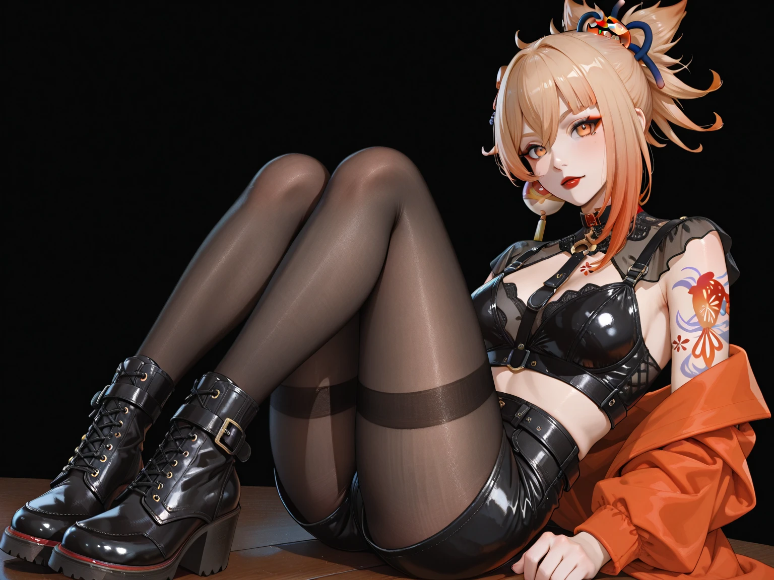 (image bulletin board:1.3), ((side slitのblackいチャイナdressをきた成熟した女の子:1.3,close to the audience:1.2)), knee length long boots, small details, beautiful anime illustration, 28 years old, (mature woman:1.3), (alone:1.5), (software:1.25), (saggy breasts, fugue chest, big , thin waist, big ass:1.2), sexy and excited, (dark mahogany medium short hair, up style, hair above one eye, asymmetrical hair, curly hair, low braids), (ultra high resolution, 8k RAW photo, photorealistic, Thin contours:1.3, clear focus), best quality, cinematic lighting, blurred background, Bokeh, (bright pupils, Fine and beautiful eyes with highlights:1.3, highly detailed eyes, high definition face), red lip, High quality and realistic skin:1.1, view audience:1.3, Front view:1.1, focus house:1.3, from below:1.2), (dynamic posing:1.5, sexy pose:1.2, squatting:1.3, open your legs wide:1.2), (open your legs wide:1.2), image centered, (blackいside slitdress), ((bare chest:1.37)), gold ornaments, dark red long leather boots:1.3, , (((correct anatomy:1.5, perfect anatomy:1.37))), ,(('side slit)))、(((hands behind head)))、(((show both sides)))、dark background、sweaty body、steam、vapor、 (((((black_dress, China_dress, China語_Clothes, double_good, dress, side slit))))、