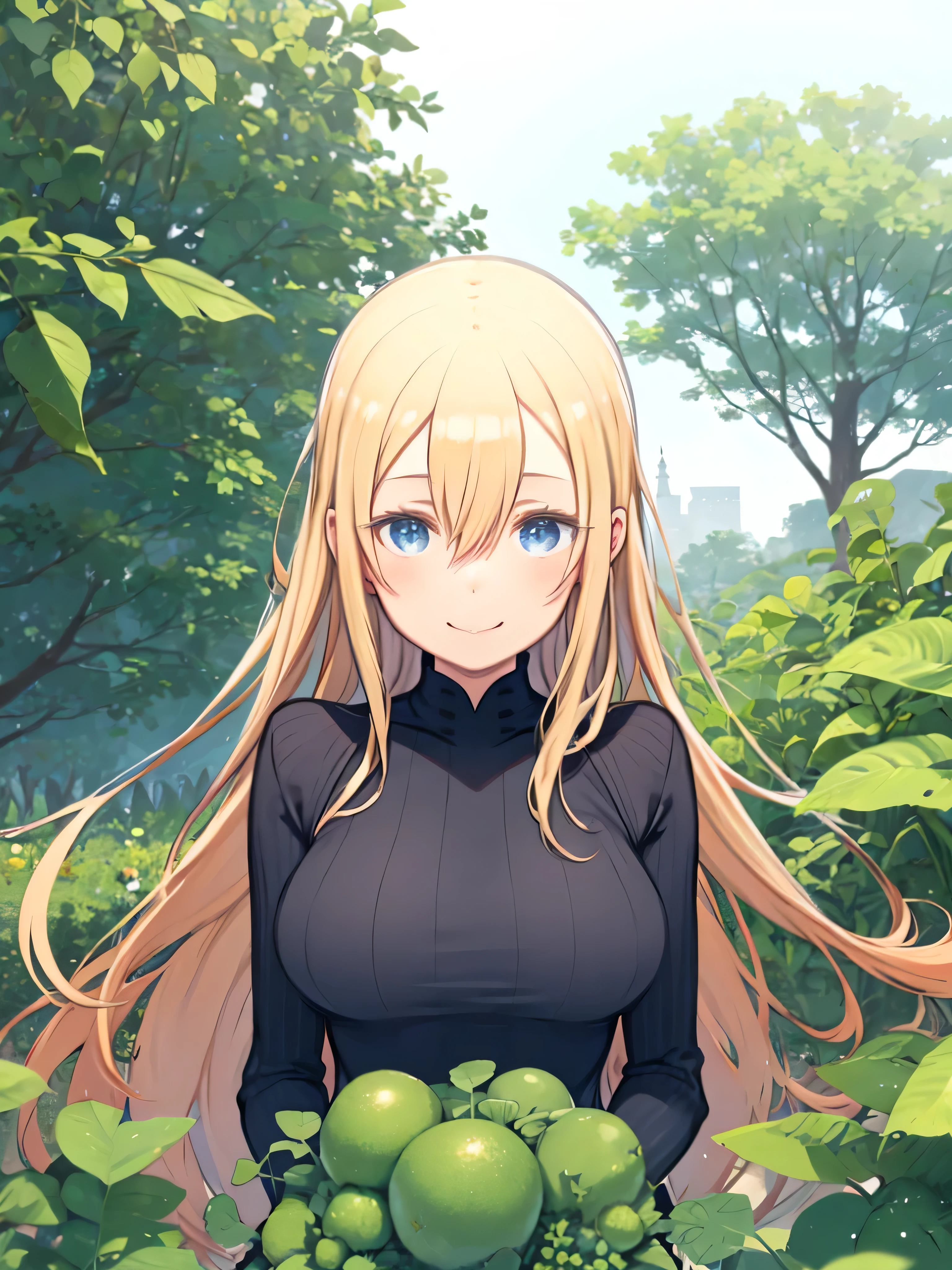 Woman standing in front of kitchen garden holding long, slender green vegetables、 Smile、upper body、blonde hair、hair between eyes、STRAIGHT LONG HAIR、blue eyes、green turtleneck sweater、Big Breasts、