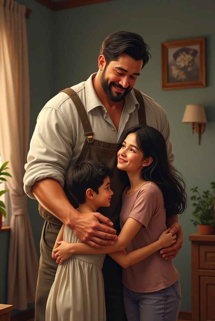 Create an image depicting a heartwarming scene of Hulk with his family. Depict Hulk in a gentle and caring pose, surrounded by his loved ones. The art style should prioritize realism, capturing the details of Hulk's powerful physique, his facial expression, and the individual personalities of his family members. Dress Hulk in casual attire that contrasts his Hulk persona, showcasing his softer side as a family man. Place them in a serene and comfortable environment, such as a cozy living room or a peaceful outdoor setting, to evoke a sense of togetherness and happiness. Utilize soft and warm lighting to enhance the emotional atmosphere and convey the warmth of family bonds. The camera angle should capture the entire family, emphasizing their interactions and connections. Opt for a 135mm+ camera lens to capture the emotions with intricate detail. Render the image in high resolution to capture the authenticity of their family dynamics.