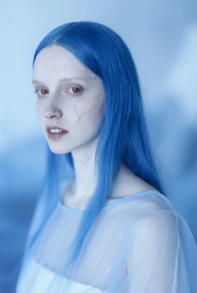 a woman with blue hair wearing a white jacket , beyond_the_black_rainbow