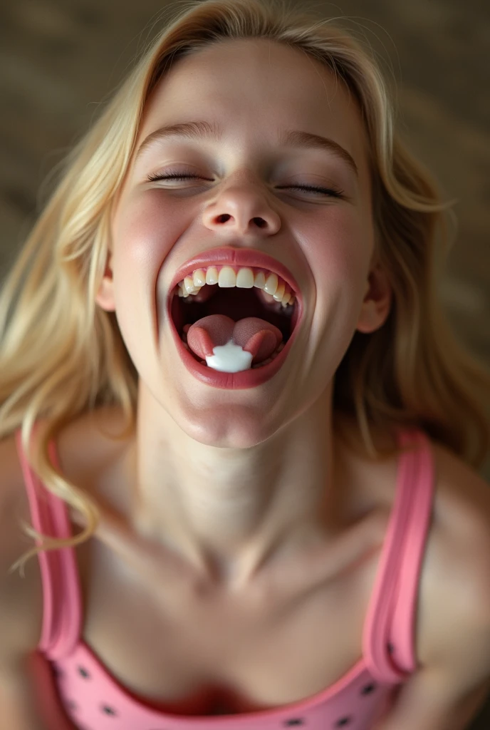 Closeup of a female young Elle Fanning's face, ((Elle Fanning)), actress Elle Fanning when she as 16, mouth very wide open and smiling, eyes opened, long blond messy hair, mouth full of milk, dropping milk from her mouth, extreme skin detail, photorealistic, 8k, wallpaper, kneeling on floor, viewed from above