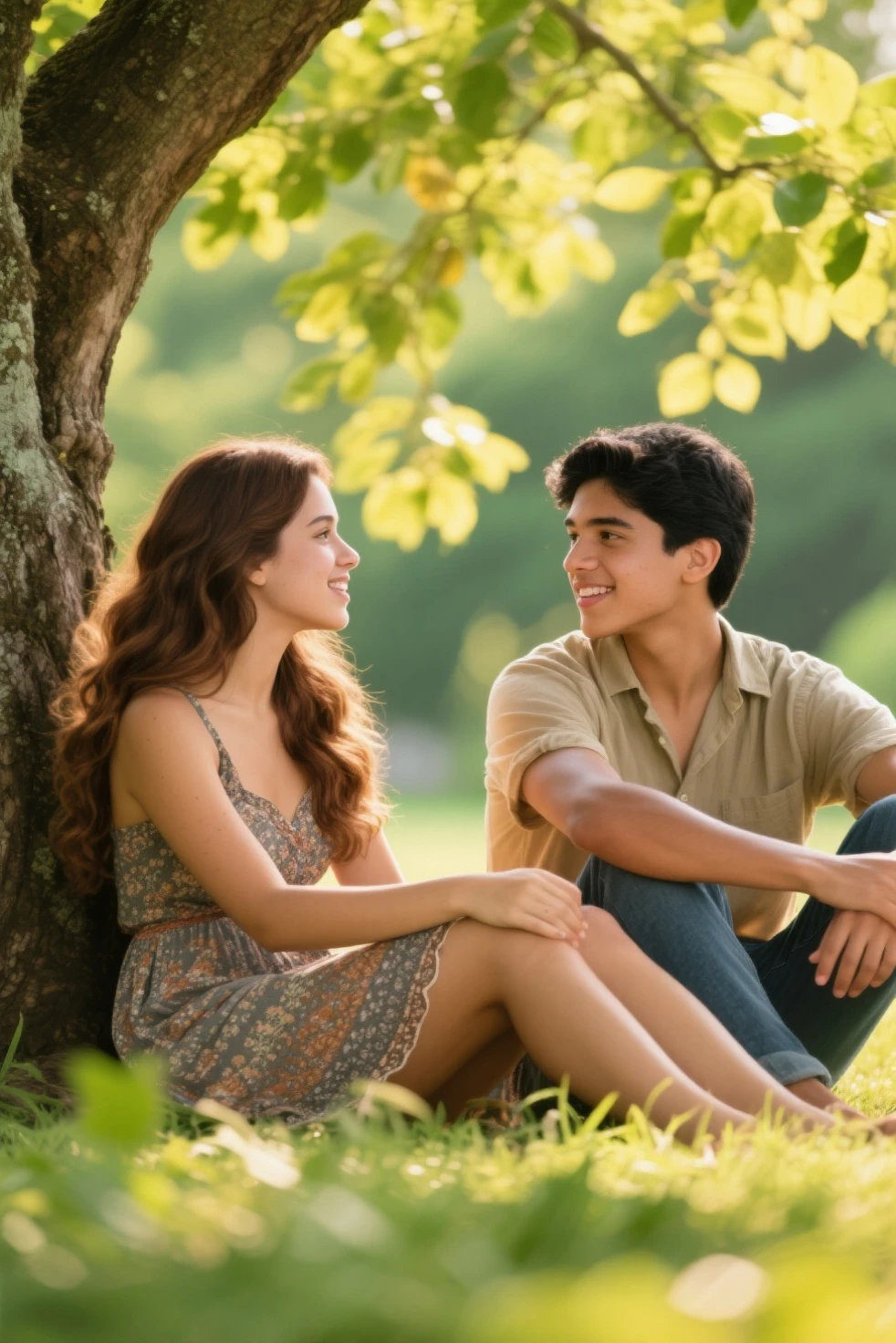 Imagine um lindo dia de primavera em um parque tranquilo. Um rapaz branco com cabelos castanhos claros e olhos azuis profundos, semelhante ao ator Logan Lerman, is sitting on a plaid blanket on the soft green grass. He's wearing a white shirt and jeans, exibindo um sorriso encantador.
Ao lado dele, uma jovem ruiva de cabelos longos e encaracolados, parecida com a cantora Belinda, is embraced to him. She's wearing a light floral dress, highlighting her pale skin and bright green eyes. Her smile is infectious as she rests her head on his shoulder.
Both are barefoot, feeling the fresh grass between your toes. Ao fundo, A majestic tree offers shade, causing sunlight to dance through its leaves.
Enquanto o casal apaixonado aproveita a tranquilidade do local, eles conversam e riem suavemente, desfrutando da companhia um do outro. The passion is visible in their looks and the way they embrace each other affectionately.
Essa cena transmite a ideia de um casal apaixonado, desfrutando de um momento especial juntos, in a perfect environment to create lasting memories.