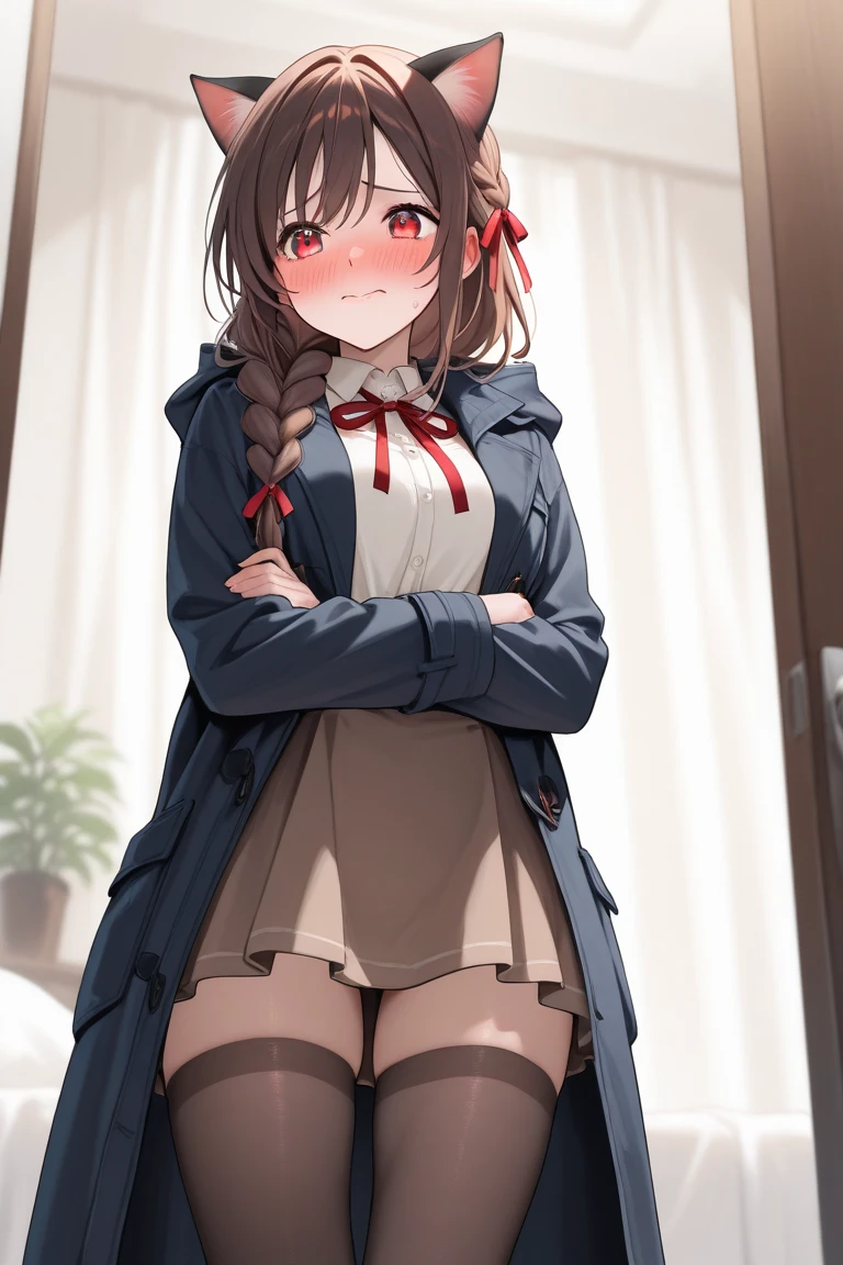 Cute anime girl, (13 years old), brown hair, red eyes, bunny ears, wearing a very short white thin undershirt, wearing an open brown jacket on top with a fluffy collar, wearing furry boots, fluffy fox tail