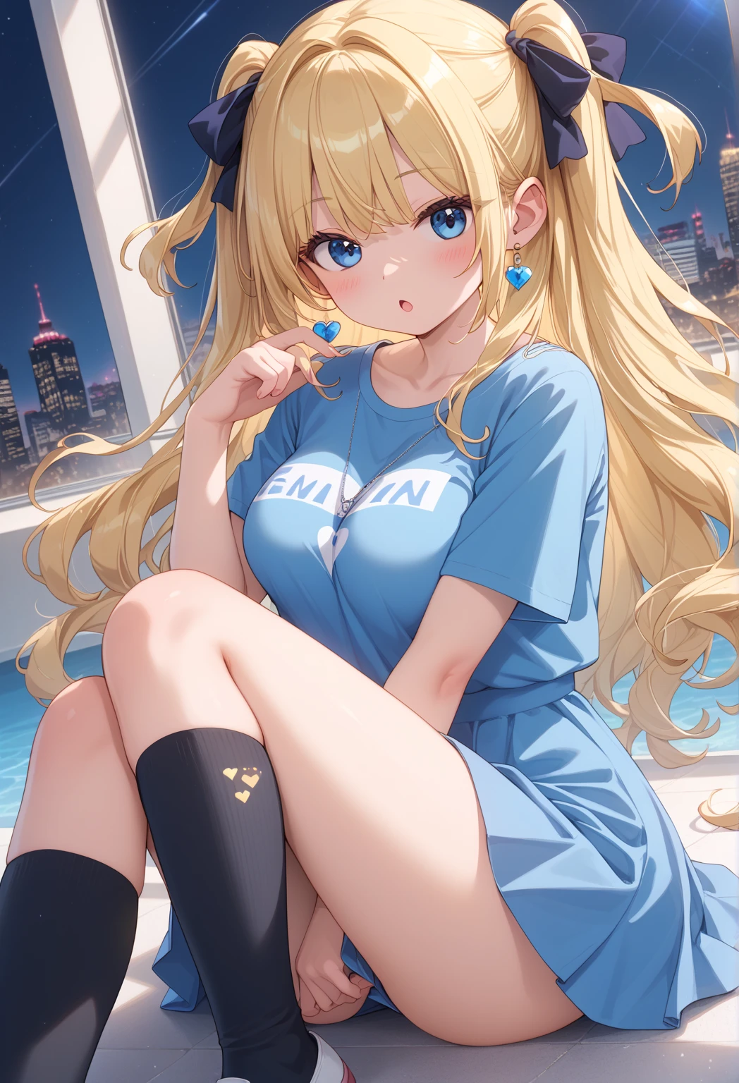 a cartoon figurine with a hat sitting on a ledge with her hands together, 1girl, solo, hat, blue eyes, blonde hair, twin braids, sitting, braid, shorts, breasts, shirt, looking at viewer, open mouth, long hair, white shirt, jacket, baseball cap, blush, large breasts, black shorts