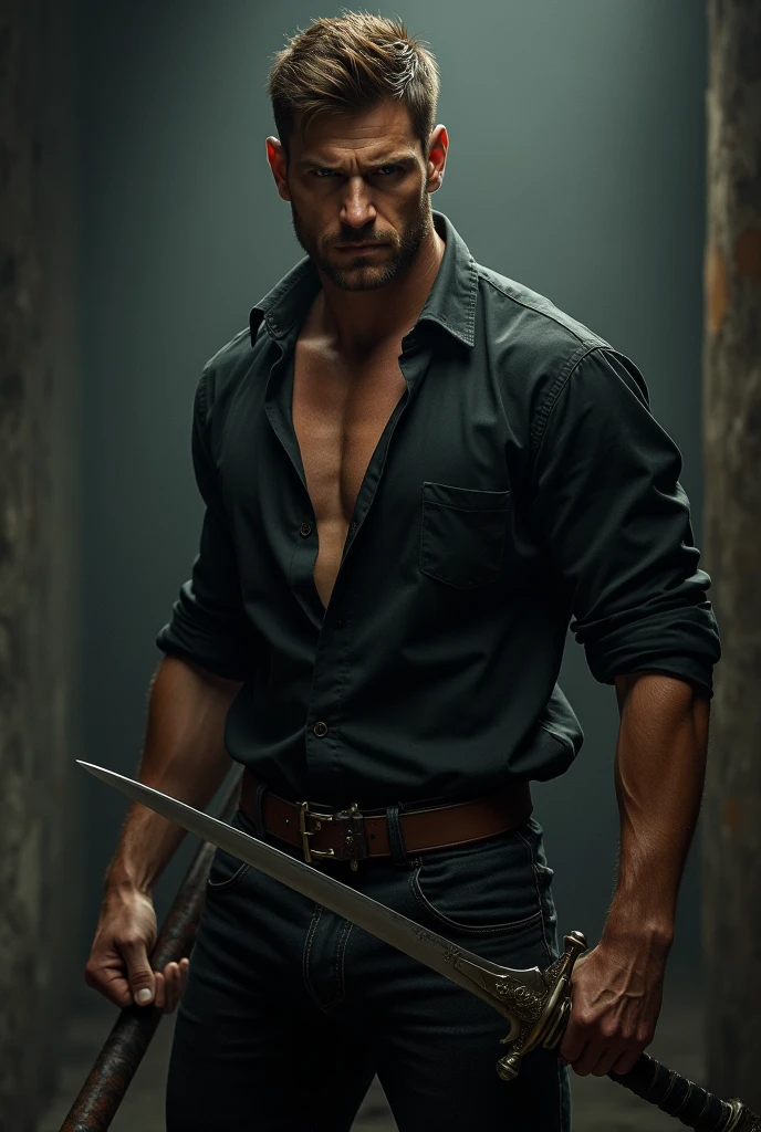 (melhor qualidade,4k,high resolution,obra de arte:1.2),(Realista,photoRealista,photo-Realista:1.37),retrato,escuro,cabelo preto,raiva intensa nos olhos,cicatrizes no olho direito,identical medium-sized daggers,sharp blades,textura brilhante,sombras,rosto expressivo,atmosfera sinistra,Contraste,destaques,studio lighting,tons vermelhos sutis,olhar penetrante,cores vivas,Detalhes criados,facas de empunhadura dupla,determinate expression