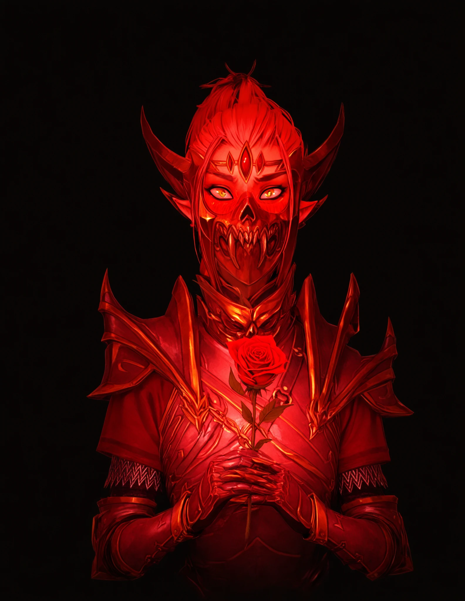 masterpiece, good quality, best quality, 2D,
horror lord, armor, a mask, sharp ears, One,
holding rose,  red, embarrassed, shy,  black background
lines of motion, looking at the viewer, first-person looking , upper body, Lowers eye,
