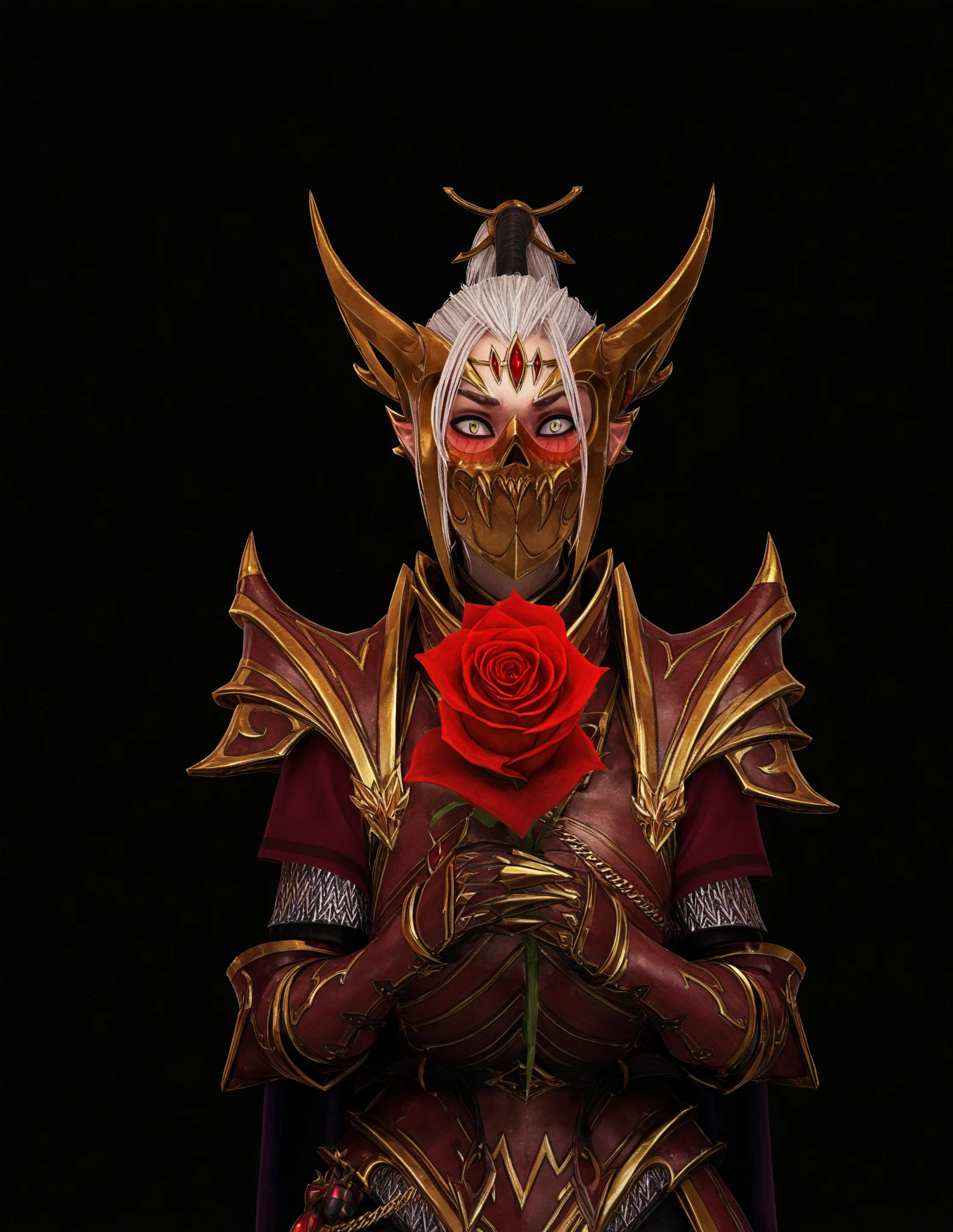 masterpiece, good quality, best quality, 2D,
horror lord, armor, a mask, sharp ears, One,
holding rose,  red, embarrassed, shy,  black background
lines of motion, looking at the viewer, first-person looking , upper body, Lowers eye,
