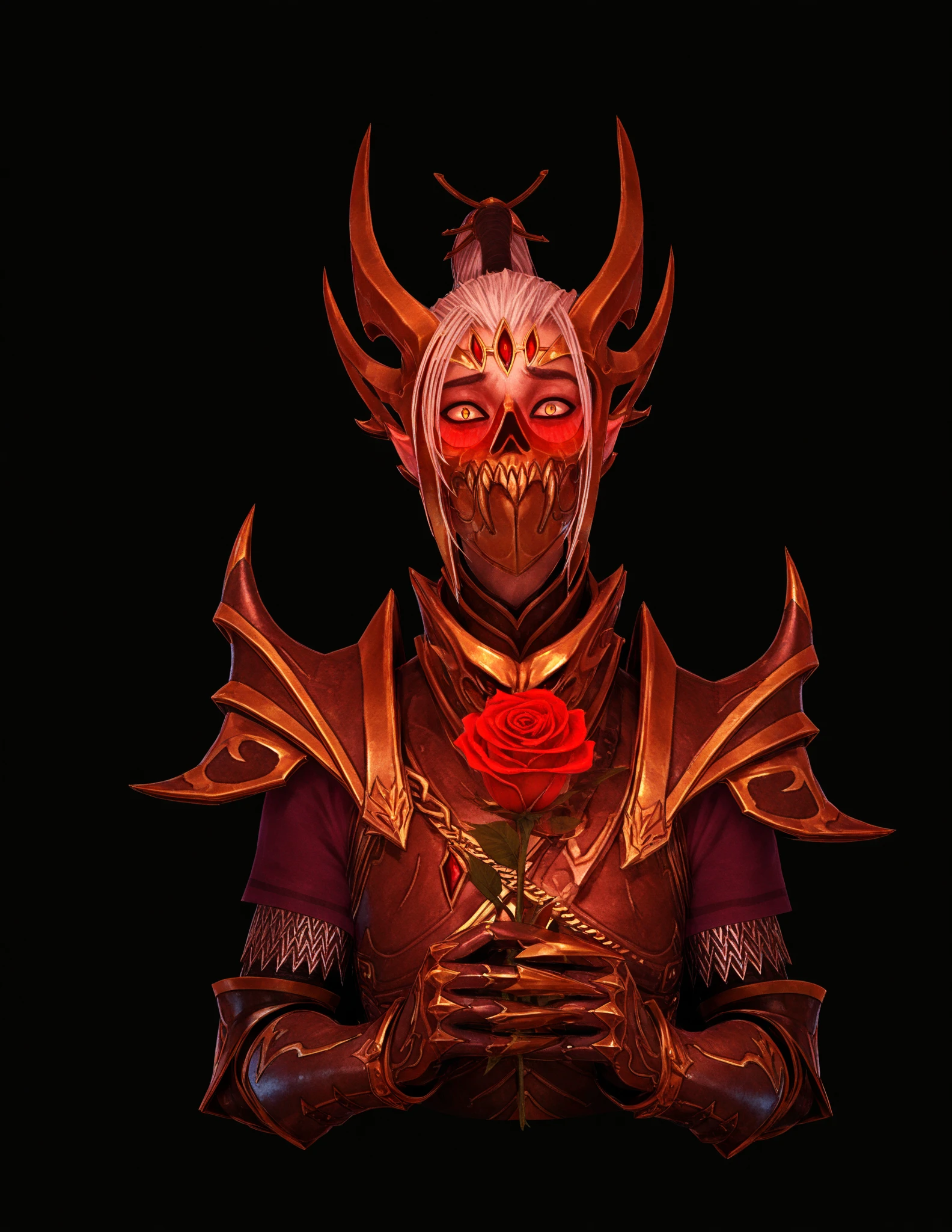 masterpiece, good quality, best quality, 2D,
horror lord, armor, a mask, sharp ears, One,
holding rose,  red, embarrassed, shy,  black background
lines of motion, looking at the viewer, first-person looking , upper body, Lowers eye,
