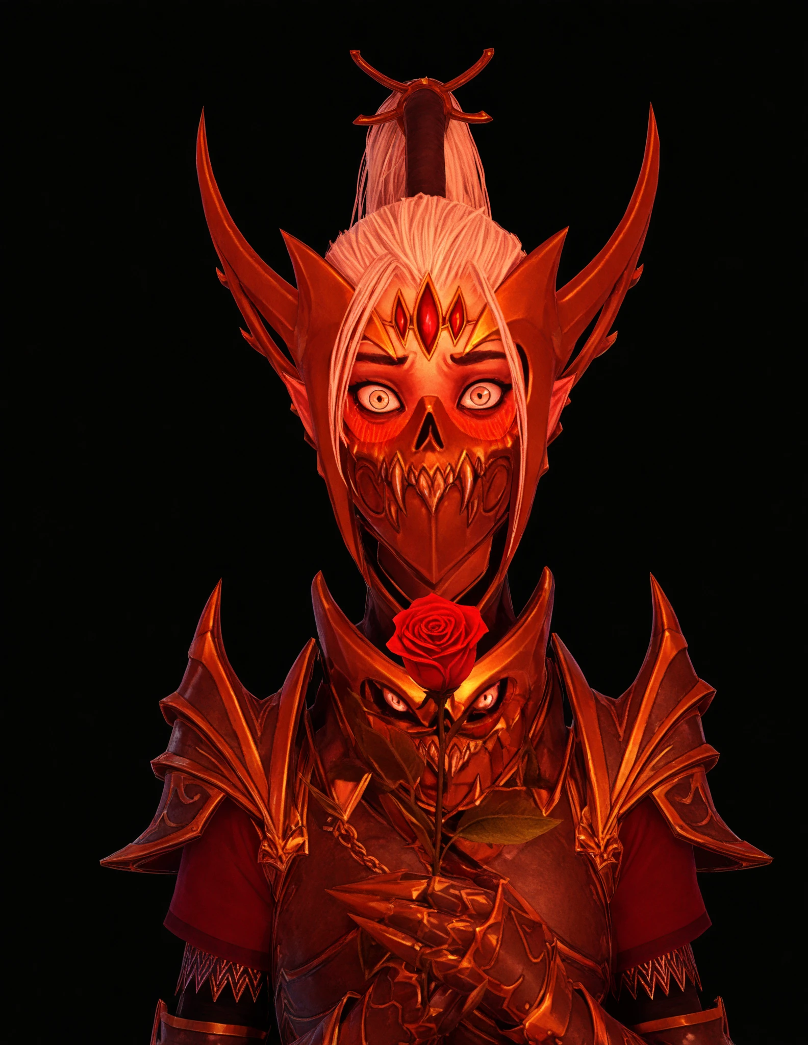 masterpiece, good quality, best quality, 2D,
horror lord, armor, a mask, sharp ears, One,
holding rose,  red, embarrassed, shy,  black background
lines of motion, looking at the viewer, first-person looking , upper body, Lowers eye,

