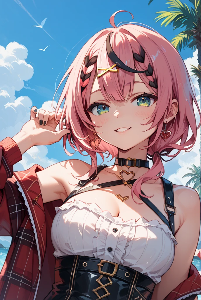((swimsuit))、sexy、((highest quality))、((masterpiece))、(familiar)、perfect face、8k、cowboy shot、((pink hair))、bob cut、black eye、 beautiful princesetallic costumes、black skirt、visible nipples、camel toe