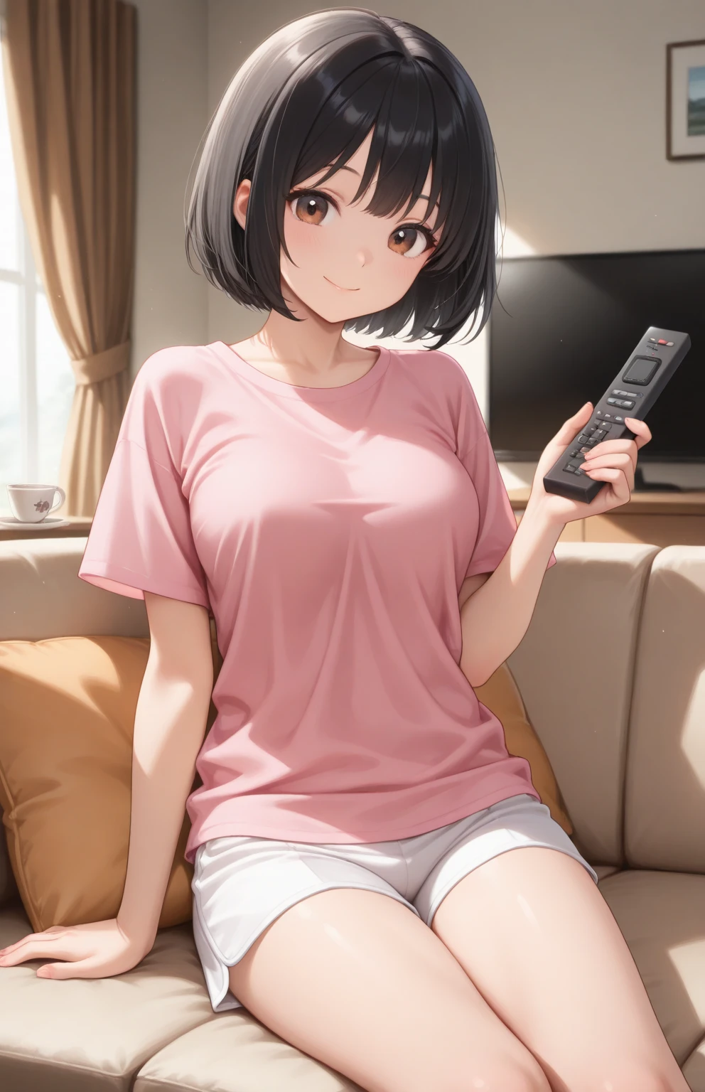 1girl, solo, solo focus, standing, smile, tanned skin, tan lines, thing below clothes, futanari, sfw, chubby, cute chubby girl, black hair, short hair, inverted bob cut, messy hair, long hair bangs, pink eyes, loose t-shirt, white t-shirt, sitting, masterpiece, character illustration, focus blur, depth of field, blurry, indoors, looking at viewer, dutch angle, dynamic angle