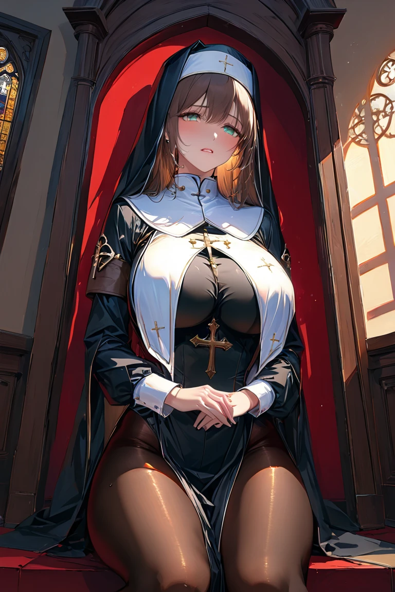 A holy and sweet nun in mirrored sunglasses in a desolate and broken dirty building with many rundown filthy beds, Portrait, Masterpiece, best quality Mirrored_Aviators, marika, queen marika, black dress