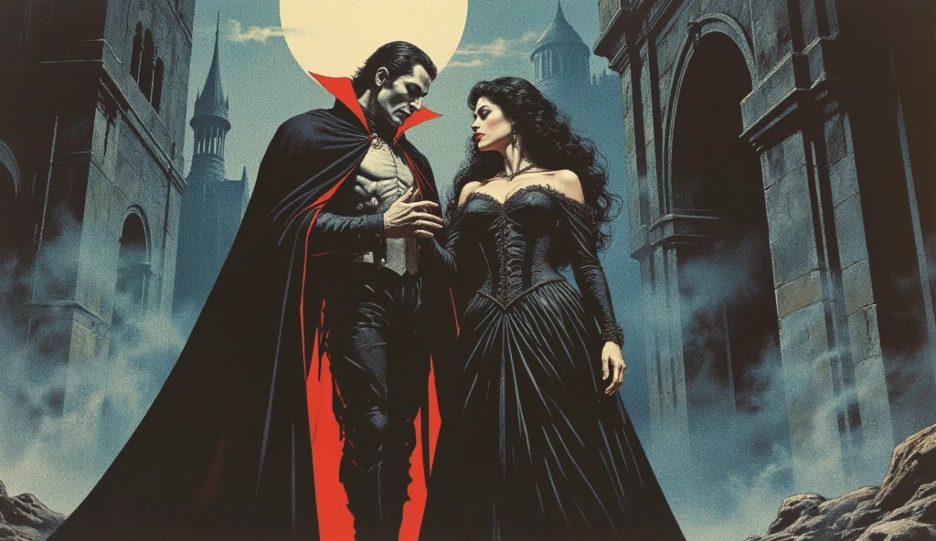 ((off-shoulder, crying face, 16 years old, frightened face with fear, skin wet with sweat)), close-up of woman with man in vampire costume, vintage horror art, movie poster painting, retro pulp art, vintage pulp art, vintage pulp art, Victorian vampire, vintage horror, vampire fantasy, pulp illustration, Jason Edmiston, Elegant horror artwork, pulp art, Count Dracula, Martin Anshin, old retro pulp noir comic cover, Ignacio Zloaga