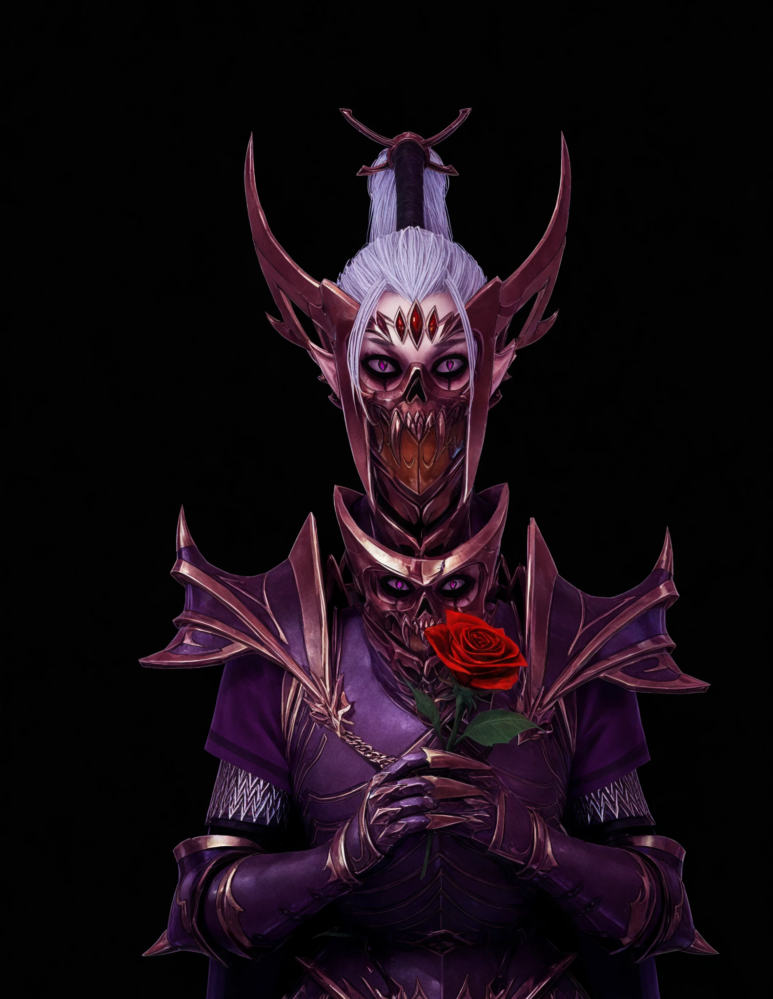 masterpiece, good quality, best quality, 2D,
horror lord, armor, a mask, sharp ears, One,
holding rose,  purple, shy,  black background
lines of motion, looking at the viewer, first-person looking , upper body, evil eyes,
