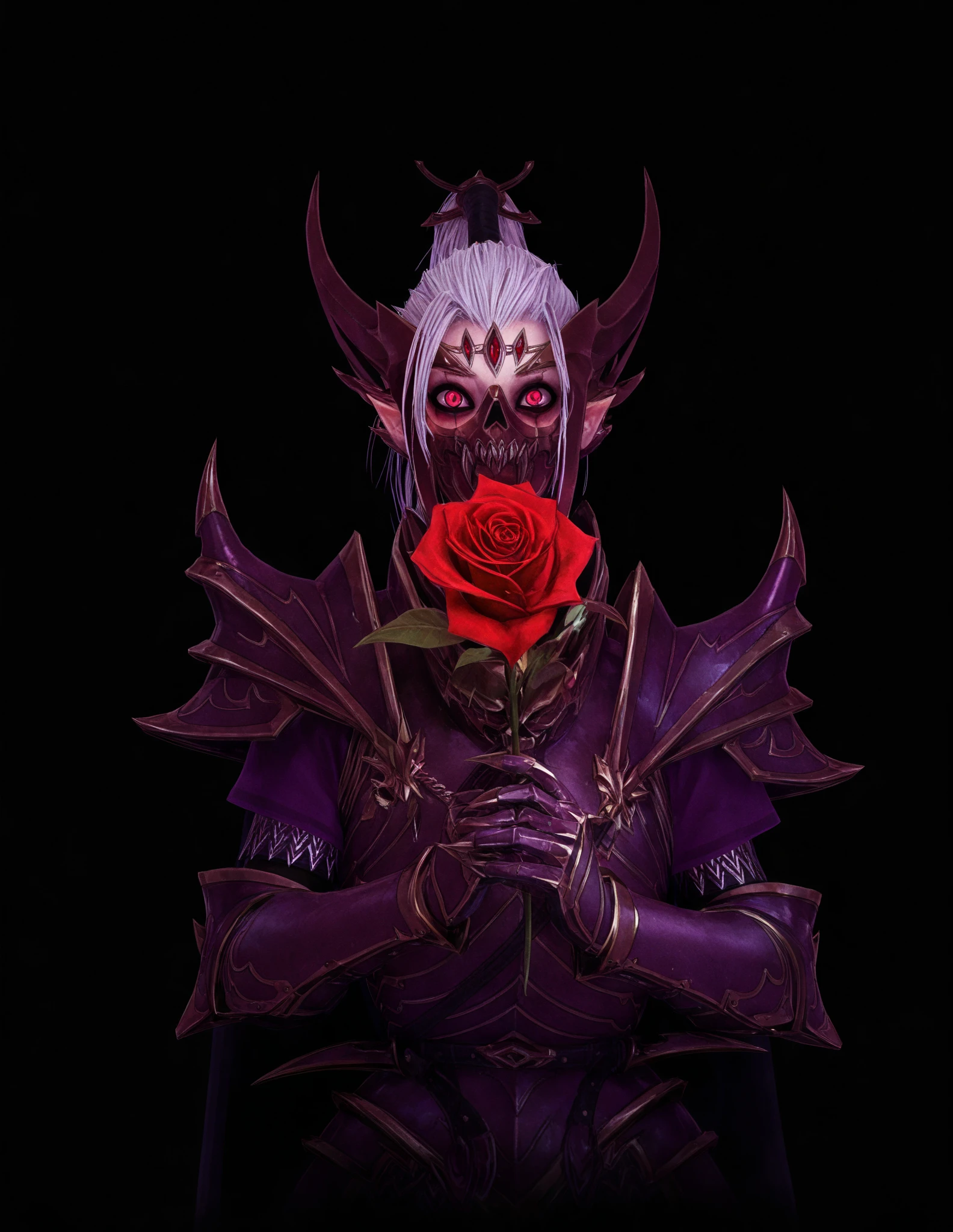 masterpiece, good quality, best quality, 2D,
horror lord, armor, a mask, sharp ears, One,
holding rose,  purple, shy,  black background
lines of motion, looking at the viewer, first-person looking , upper body, evil eyes,

