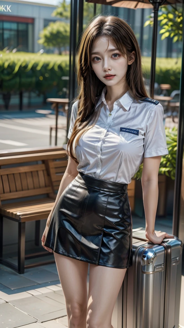 8K, Masterpiece, RAW photo, Best quality, Photorealistic, Extremely detailed CG unifies 8K, 8K, Diamond, and wallpaper, Depth of field, Cinematic light, Lens flare, Ray tracing, (Extremely beautiful face, Beautiful lips, Beautiful eyes), intricate detail face, ((ultra detailed skin)) 1girll, In the dark, deepshadow, Pretty Korean girl, Kpop idol, Photo of a sexy woman sitting in an airplane seat,Wearing a white flight attendant uniform,pleatedskirt,(Very slim and slender muscular body:1.3), (Flesh-colored pantyhose:1.3),Light-colored tights,mediuml breasts,Wide buttock,being thin,Redlip,黑The eye,(unholy:0.9),Cross ed leg,(textured fabrics:0.9),looking at viewert, (Pale skin), (Big eyes),(ssmile:0.8),flirting to the camera,(metallic fabric:0.5),extremly intricate,(realisticlying,primitive:1.5), Sideslit, (bblurry:0.9), detail in face, poor quality photo, hight contrast, inside airplane, Slender, bow-shaped, (birthmark:0.4)