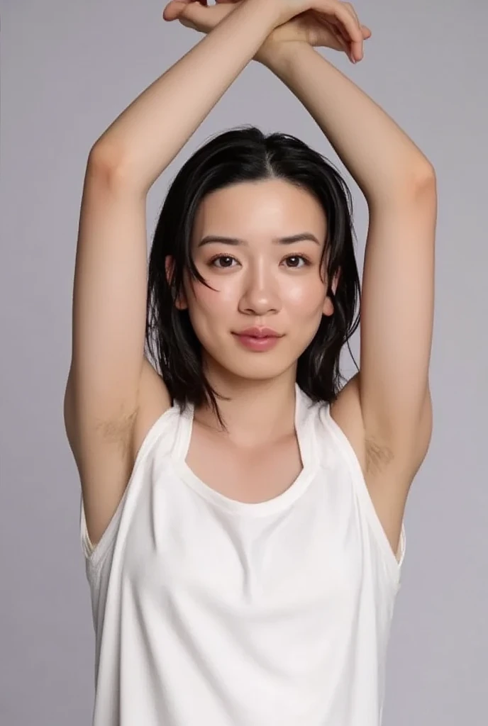 High resolution, high resolution, High detail, masterpiece, Rough skin, Anatomically correct arms, sharp, Gray background((Japanese Mature, 50 years old)), alone, ((Close your eyes and open your mouth))、(Strong orgasm)、Facial wrinkles, Shapely large breasts, Straight light brown hair that reaches the shoulders, Slim figure (((Stand upright, Facing the center of the screen.))), Close your mouth and look ahead with a serious face, ((Cowboy Shot))Brow wrinkles、white Turtleneck Sleeveless Knit、((Raise your arms behind your head)),,(Armpits are wet with sweat and glisten),perfect beautiful face