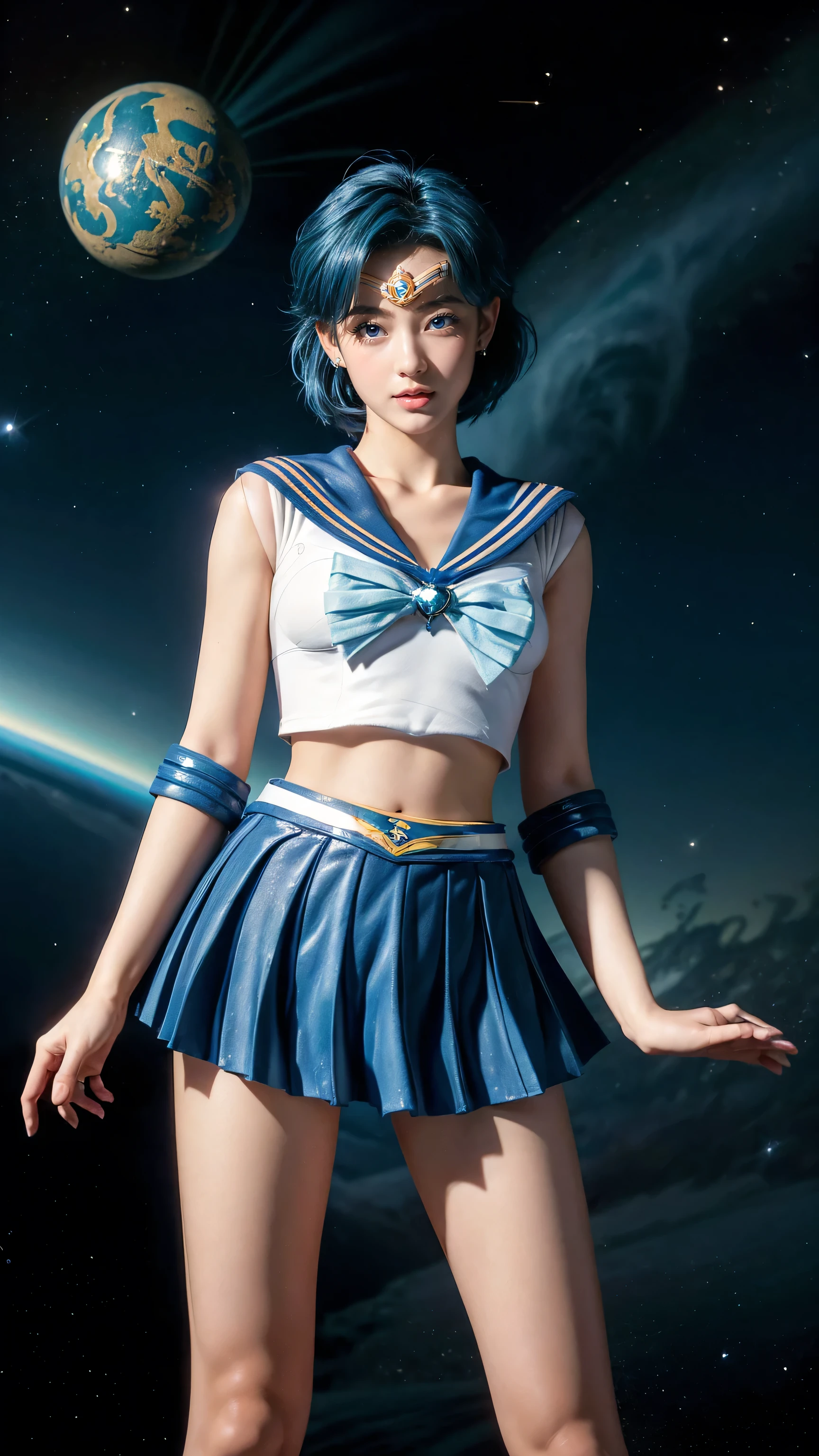 Masterpiece,Quality of product,(short hair dyed blue),1 beautiful young Japanese female, positive, smiling,(well-proportion:1.3),(Sailor Mercury:1.4).
(Cowboy shot:1.3),(emphasis on thighs:1.3).
(Background - blue sea,comet,stars twinkling in space:1.4).
(blue sailor uniform:1.4), bow, knee-high boots, blue choker, white gloves, jewelry, earrings, (blue super short pleated mini skirt:1.4).
Beautiful face,cute type,baby face,slightly round face,beautiful big eyes,blue eyes,obvious double eyelids,small cute nose,(natural cosmetic) glossy lips,(blue hair:1.4),blue floating short hair,asymmetrical blue bangs,blue floating hair Nova Frog style.
[Imaging Center,8k Resolution,Attention To Detail,Detailed Hairstyles,Detailed Aspects,Film Book,Octane Rendering,Super Realistic,Anatomically Accurate,Perfect Figure,Beautiful Legs,Thighs,Large Breasts,Blue Hair,(Perfect Anatomy):3.8, Octane Rendering,. Water God The beauty].
(Sailor Senshi Pose:1.4).