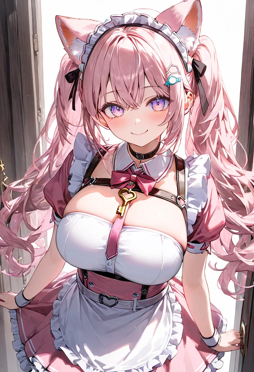 (masterpiece),(best quality),(ultra-detailed),(best illustration),(best shadow),(absurdres),(detailed background),(very aesthetic), 1girl, solo, blue-eyes, ((long-hair)), braid, boots, pink-hair, breasts, twin-braids, smile, open-mouth, cleavage, choker, large-breasts, full-body, bare-shoulders, looking-at-viewer, simple-background, hairband, blush, armor, gloves, white-dress, knee-boots, standing