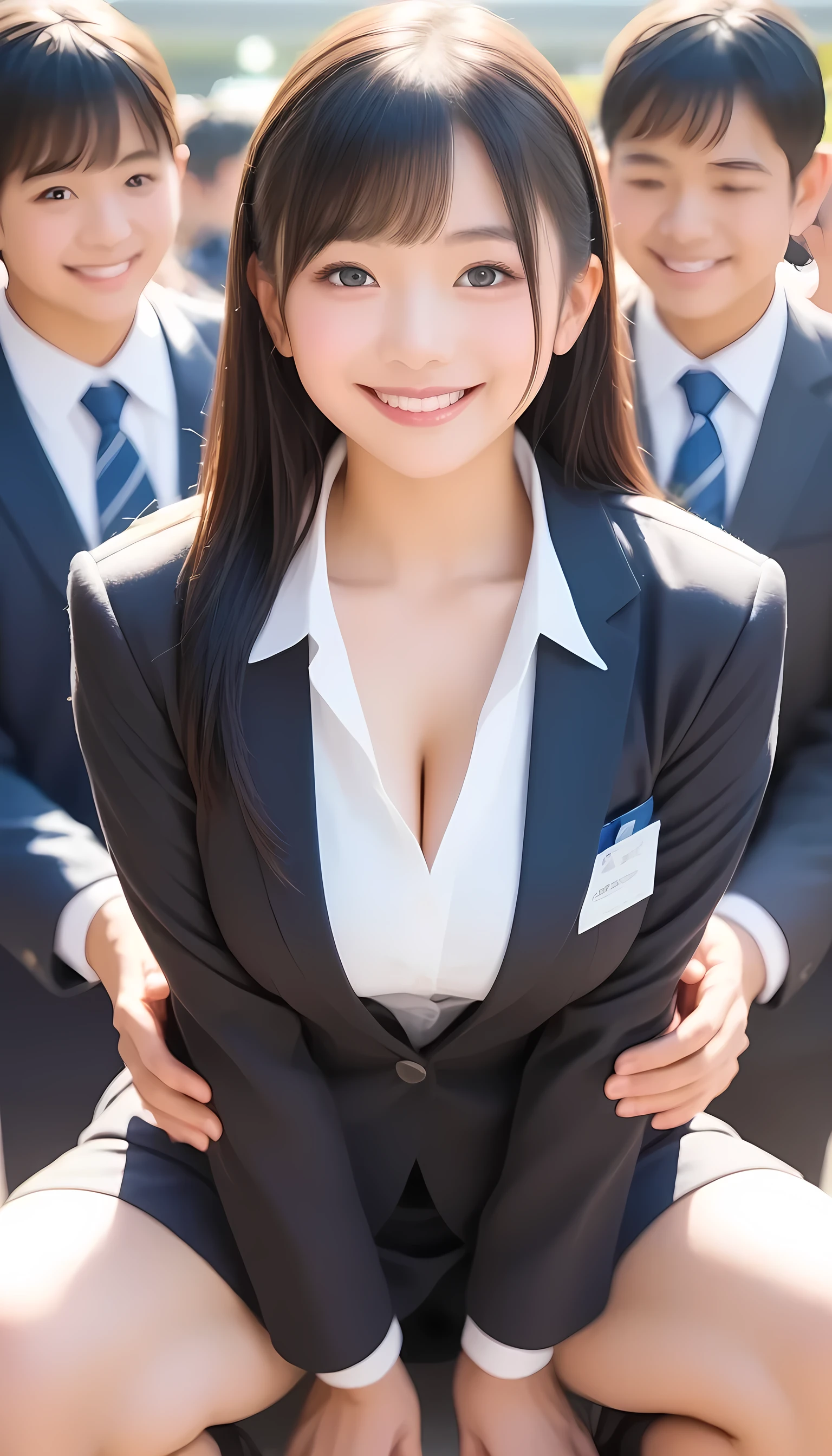 Portrait Photo a portrait, hyperdetailed full body photography, los angeles, brunette haired naked 18 year old college student young athletic asian girl shaking her ass with thick thighs and boobs sitting with her legs spread wide apart with 10 white men (in business suits standing around her)
