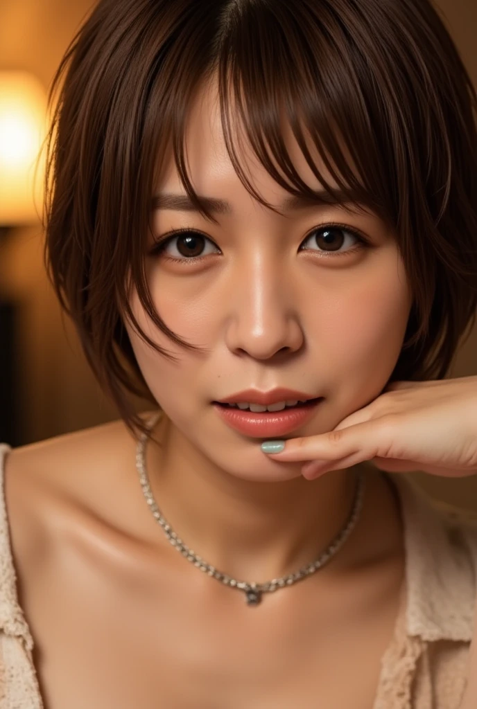 (Realistic:1.3、Ultra HD、Ultra-high resolution、8K、Japanese Housewife、In the bedroom、At the bed)、((Look Viewer:1.8))、(Extremely realistic skin texture:1.4)、(Realistic:1.3)、short hair、((Embarrassed expression:1.5))、(blonde:1.5)、48-year-old woman、Mature Woman、Ponytail Hairstyles、(Brown eyes:1.3)、(Face close-up:1.22)、(Sweaty:1.2)、(Nipplesを見せる)、((衣服から突き出たNipples,))、dress、美しいNipples、Nipples、(Shooting from the side:1.1)、Drooling、((Blowjobチオ、Blowjob、Cum in mouth、Bukkake))