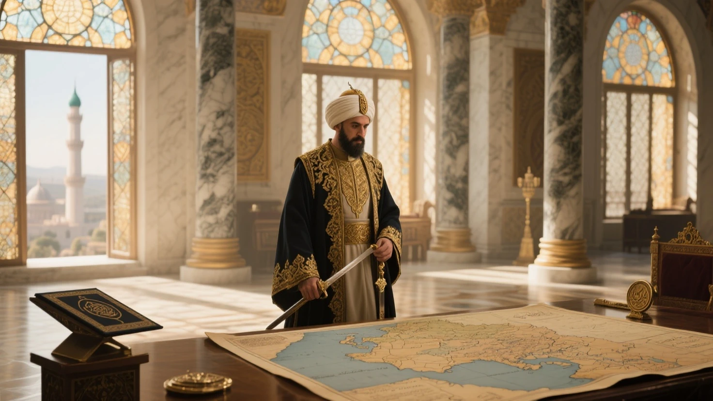 {
"prompt": "A detailed image of the Hungarian engineer presenting his cannon design to Ottoman generals and Sultan Mehmed II. The engineer holds a detailed blueprint, and Mehmed II, dressed in ornate golden armor, examines it with a thoughtful expression. The background shows an elaborate military tent filled with maps, tools, and an air of strategic planning.",
"size": "1024x1024"
}