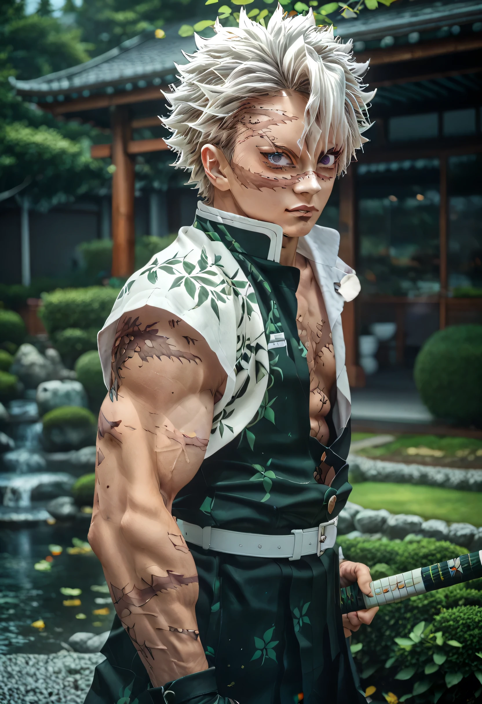 Create a semi-realistic digital illustration of an anime warrior standing confidently with a katana on his shoulder. He has wild, spiky white hair, glowing purple eyes, and muscular, scarred skin. His attire consists of a sleeveless white haori over a black open-chested uniform with a thick belt and traditional shinobi footwear. His expression is intense and focused. Surround the character with falling green and yellow leaves, which gently flutter in the breeze. The background features a Japanese-style garden with misty green hues, soft floral patterns, and glowing ambient light. Use a semi-realistic rendering style with subtle shadows, soft lighting, and anime-influenced proportions, blending CGI qualities with hand-painted textured details.