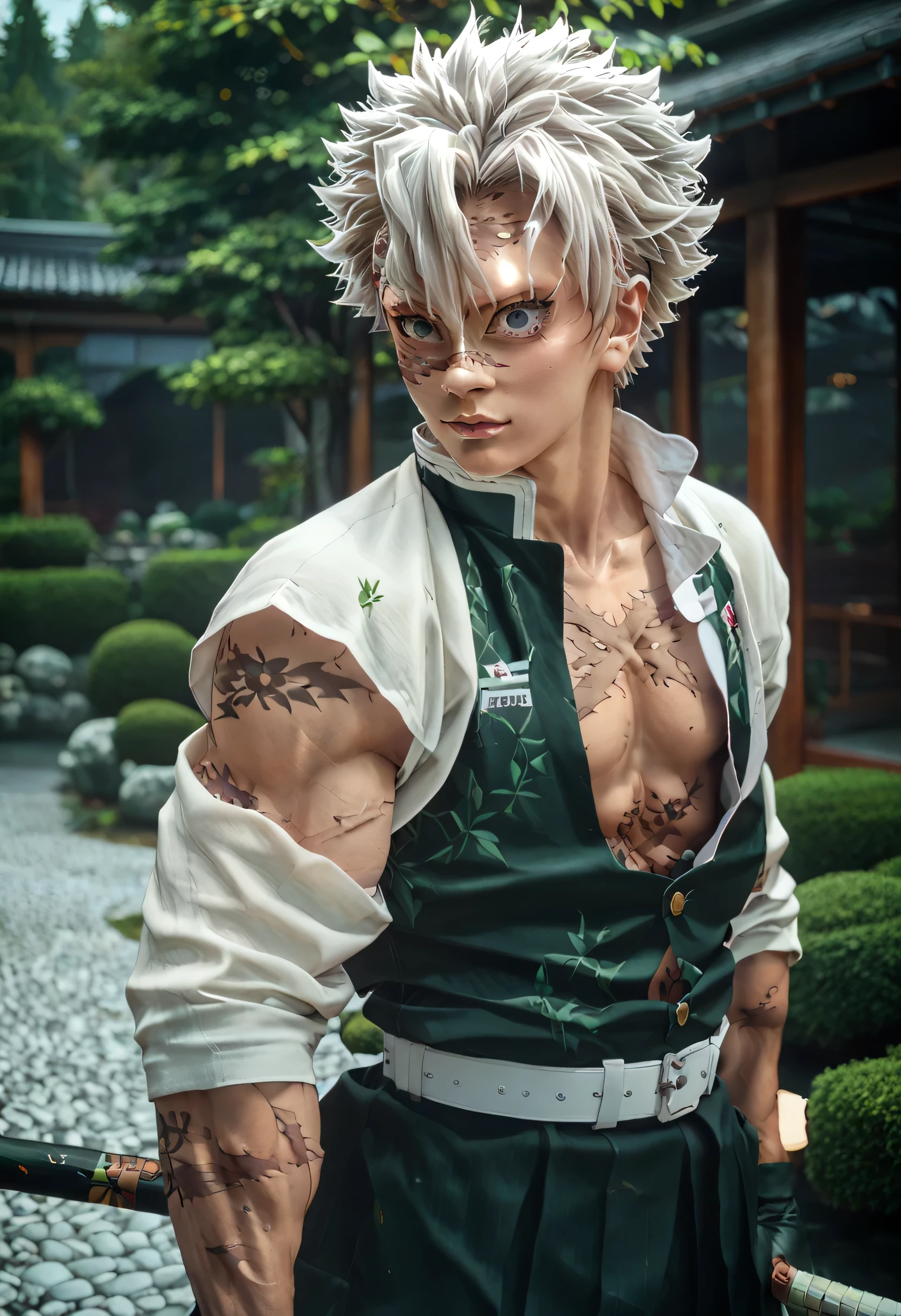 Create a semi-realistic digital illustration of an anime warrior standing confidently with a katana on his shoulder. He has wild, spiky white hair, glowing purple eyes, and muscular, scarred skin. His attire consists of a sleeveless white haori over a black open-chested uniform with a thick belt and traditional shinobi footwear. His expression is intense and focused. Surround the character with falling green and yellow leaves, which gently flutter in the breeze. The background features a Japanese-style garden with misty green hues, soft floral patterns, and glowing ambient light. Use a semi-realistic rendering style with subtle shadows, soft lighting, and anime-influenced proportions, blending CGI qualities with hand-painted textured details.