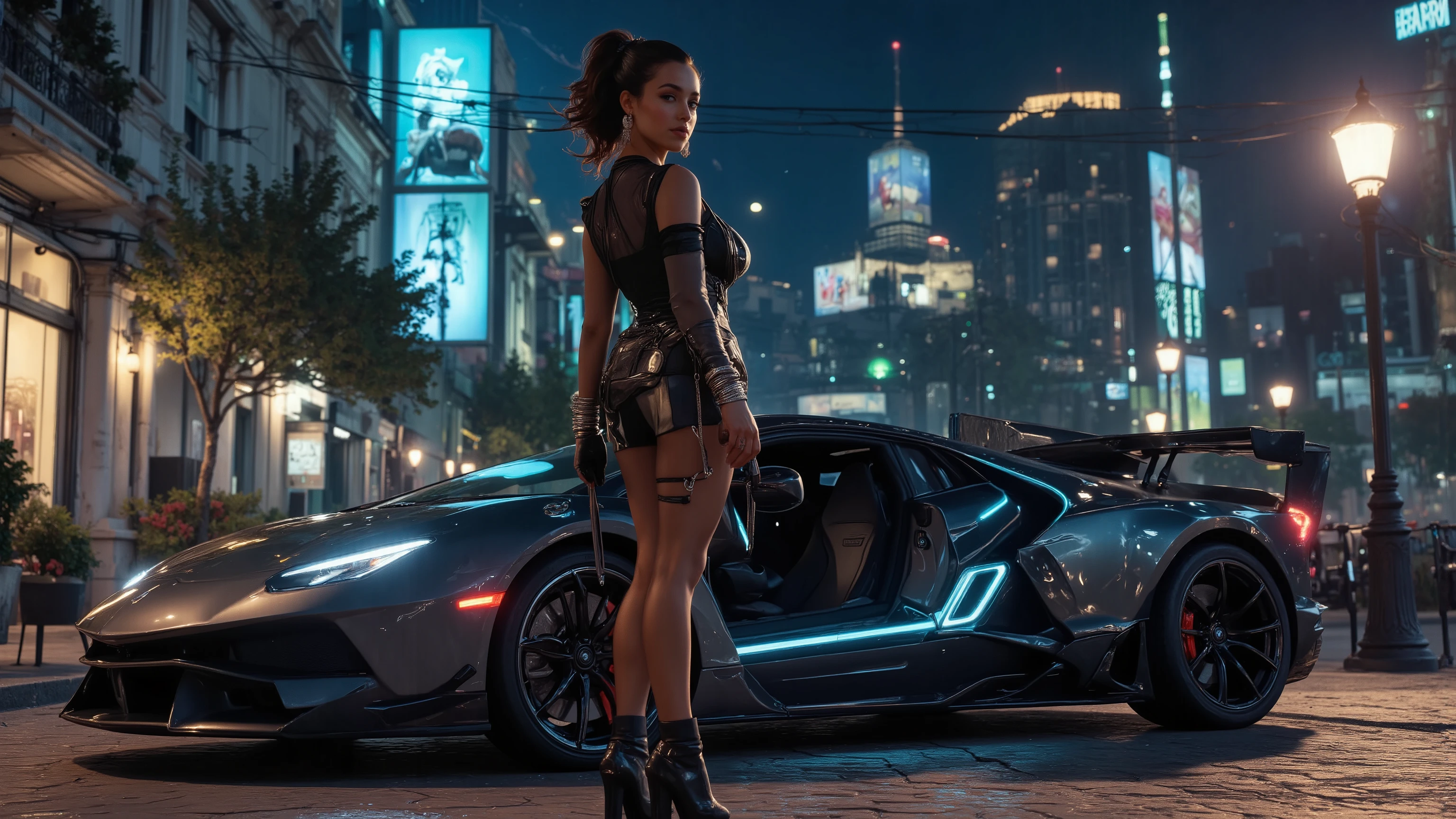 An athletic female is posing in a western cyberpunk city near a cyberpunk sports car (from the brand "Dream Diffusion", "Flux-Hi" "v8" model), at night, wearing a futuristic outfit (including high-heels) and adorned with intricate neon and rich jewellery. Autumn, wind, horizon, sharp light and shadows, cityscape, panorama. Her hair is beautifully styled. She has an highly defined body, highly defined muscles, extremely detailed realistic natural skin with skin pores, shiny skin, perfect hands, perfect eyes, ultra detailed body, ultra detailed face, ultra detailed feet, ultra detailed hands, ultra detailed eyes. Breathtaking attention to details, neon lights, RAW photo, photorealistic, ray tracing, UHD, DSLR, 16K, HDR, cinematic, masterpiece, award winning, beauty and aesthetics, high contrast, fine details and textures.