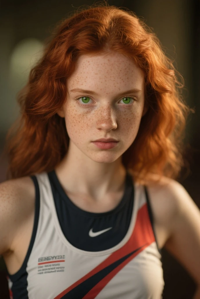 1girl in, age14, Solo, Aesthetic artwork, irish  redhead, wavy ginger hair, shoulder length ginger hair, gray eyes, light grey eyes, some small freckles, pale skin, small breasts, runners body, fullbody shot, perfect tense, (textured skin, skin pores:1.1), (moles:0.8), imperfect skin, goosebumps, wearing white tank top, in a soccer field, staring staring away at nothing, sad, depressed expression, (extremely detailed 8k wallpaper), soft lighting, high quality, film grain, Fujifilm XT3 sharp focus, f 5.6, 50mm, High Detail, Sharp focus,(natural light), (seductive), Realistic, ultra realistic, photo realistic, crazy details, complex details, hyper detailed,