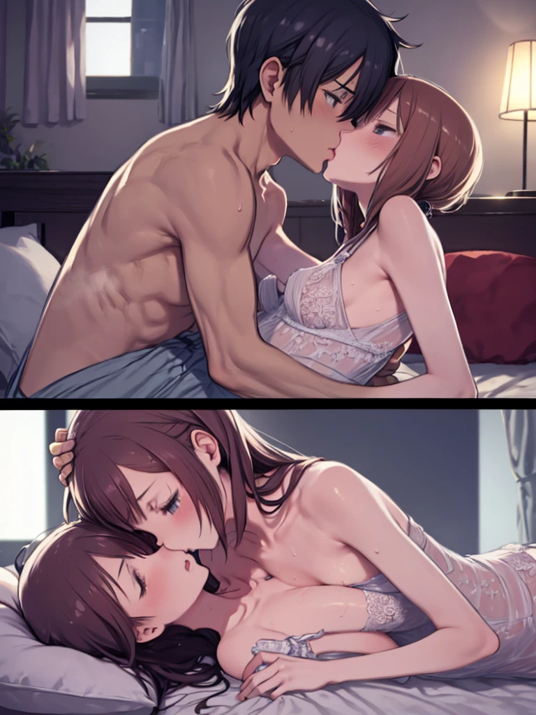 (((NSFW)))、hug2top quality talent deep kiss joy Intertwining tongues beautiful girl black hair and blonde Above bed NSFW