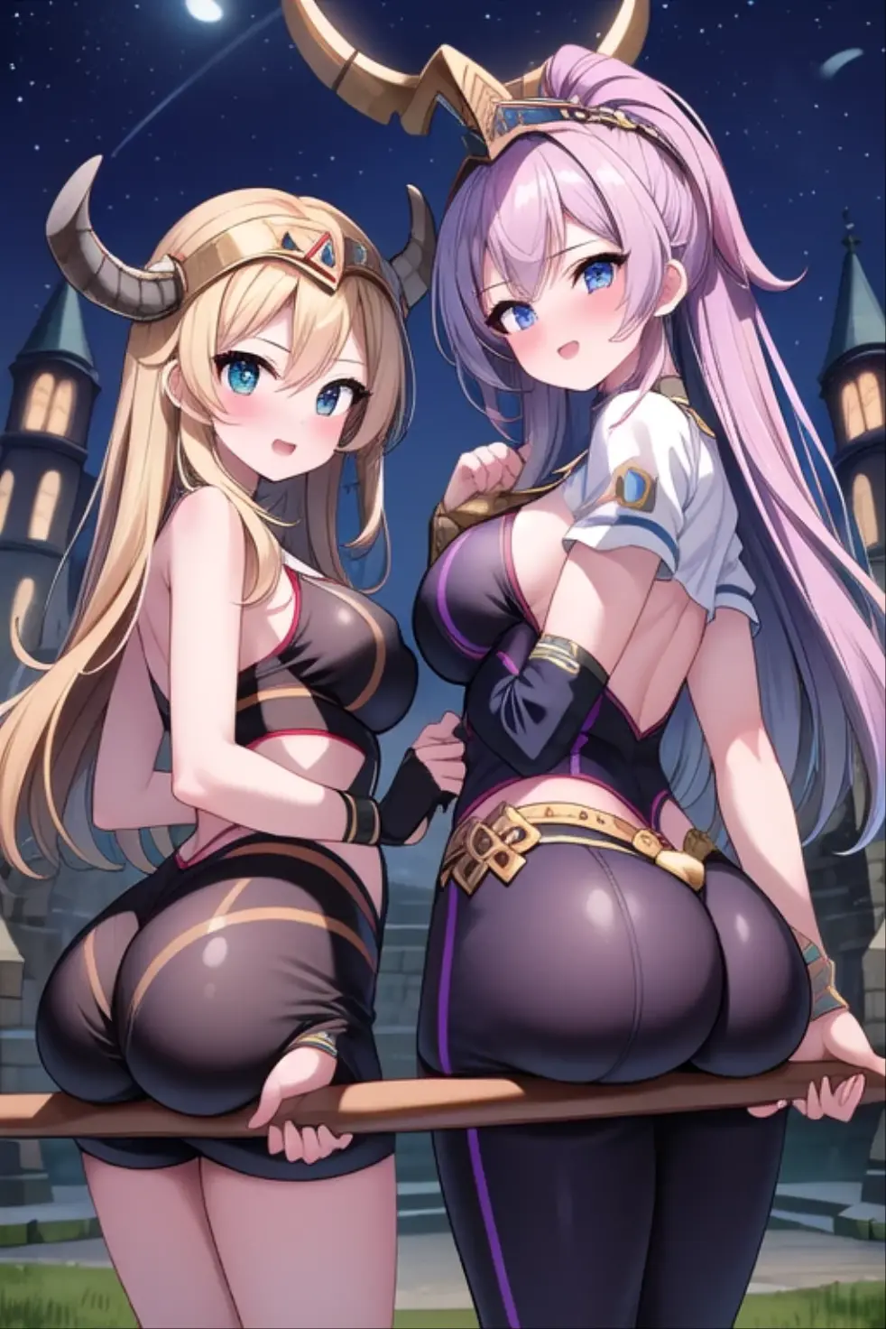 2 girls, elf, dark skinned with tanlines, topless, beach, small breasts, fat ass, bubble booty, pirate boots, covered in cum, covered in money, high quality resolution, very high quality, beautiful anime eyes, comparing asses