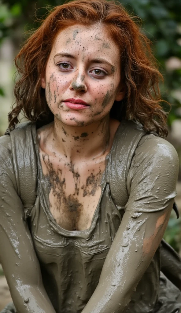 Hyperrealistic photograph of a 30-year-old woman smeared with mud, Lena Meyer Landrut, maid, underbust corset, ruffles, tulle skirt smeared with mud, squatting on the floor, high heels sandals smeared with mud, the entire body, red curly hair and clothes are smeared with mud, high quality, realistic lighting, center of the image, hourglass proportions, 8k, HDR, BDSM, medium chest size, long legs, tinted, professional photography of a woman, natural skin texture smeared with a lot of mud, 4K textures, Adobe Lightroom, Photolab, HDR, intricate, elegant, very detailed, sharp focus, insane details, intricate details, hyper-detailed, bright cinema light, outdoor atmosphere, chin pulled up, (exposed belly: 1.8), (remote shot), dominant facial expression