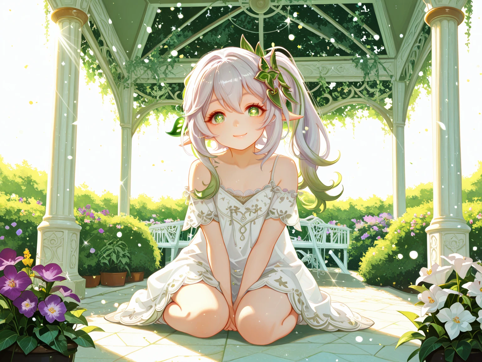 anime girl sitting on a green plate with flowers in her hair, in dress, splash art anime , , guweiz on pixiv artstation, cute anime waifu in a nice dress, lolish, cushart krenz key art feminine, sakura petals around her, cute anime girl, guweiz on artstation pixiv
